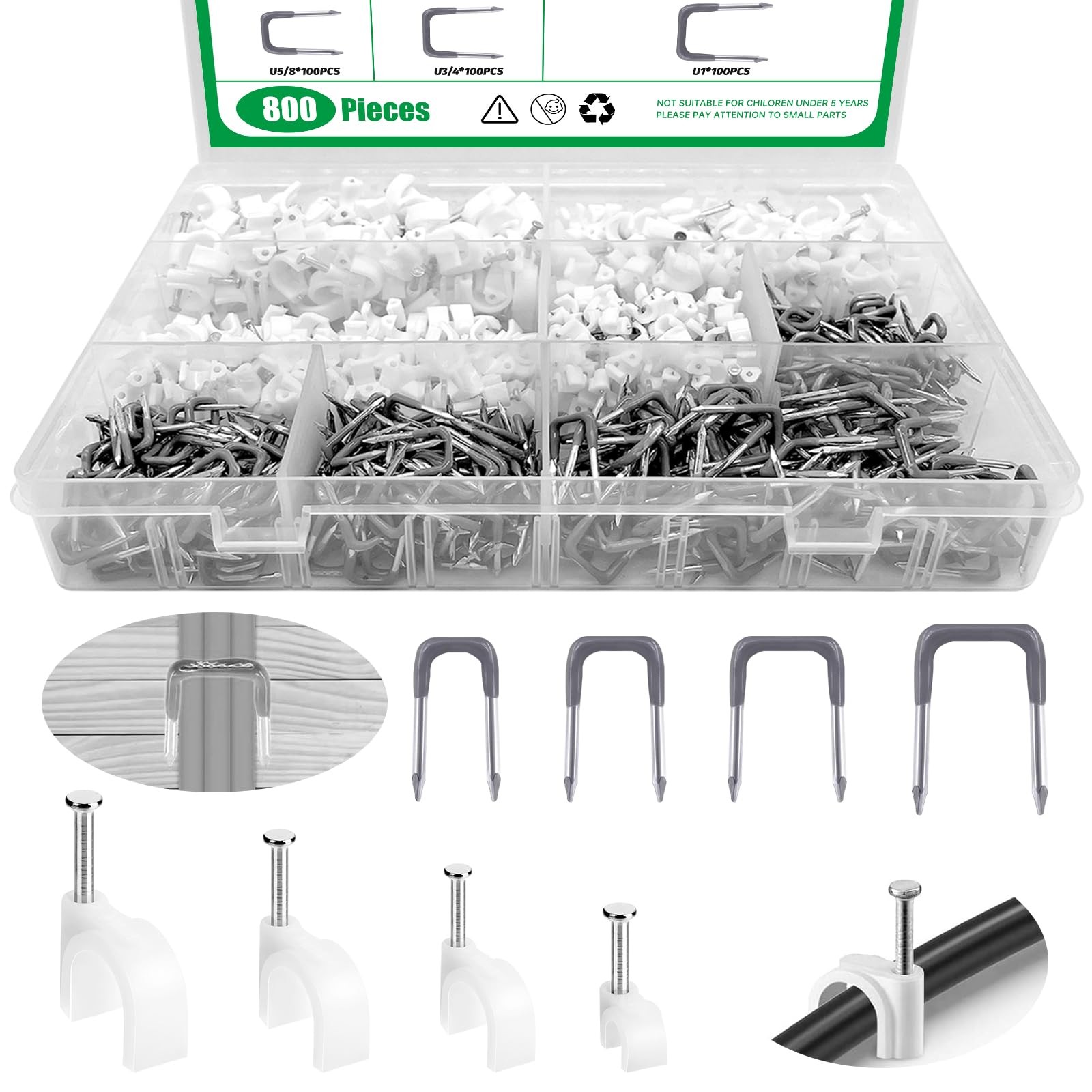 800Pcs 4mm 6mm 8mm 10mm J-Hook Ethernet Cable Nails Wire Clips with Steel Nai...