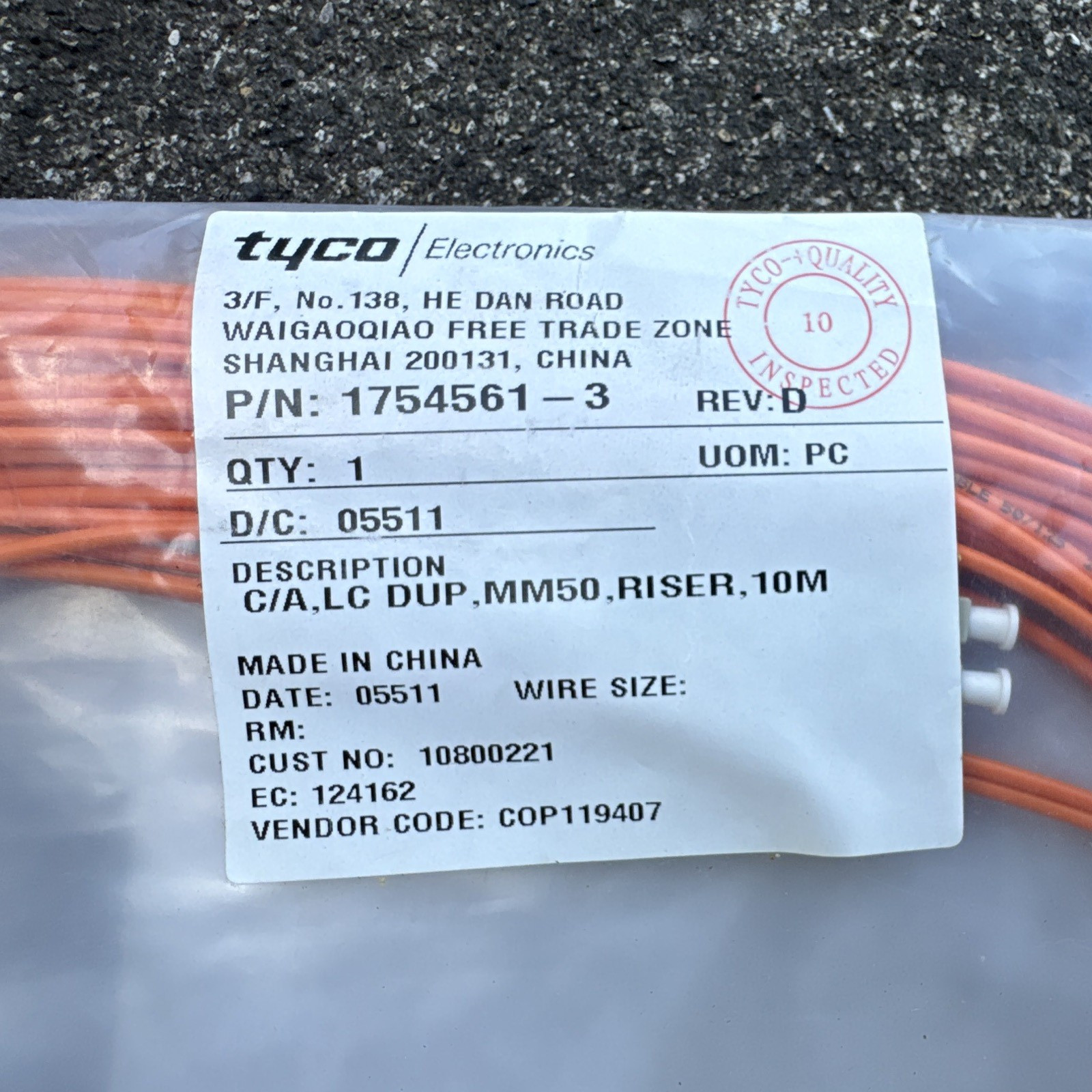 Tyco Electronics 1754561-3 LC-LC Duplex MM50 Riser Fiber Optic Cable 10m Orange
