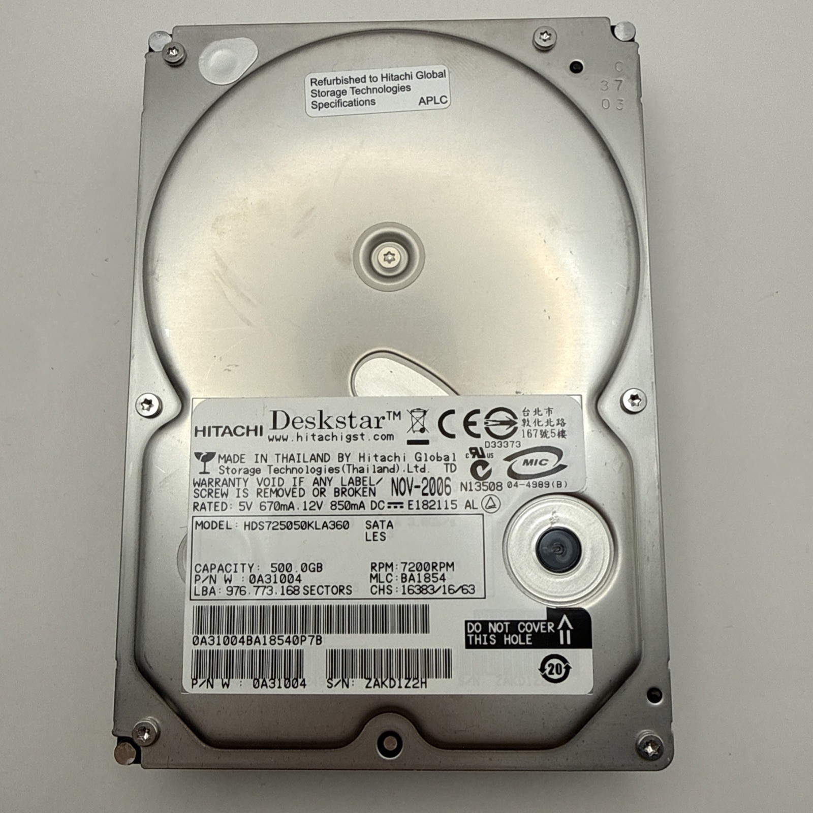Hitachi Deskstar 500GB HDD - HDS725050KLA360 - 7200 RPM hard drive UNTESTED