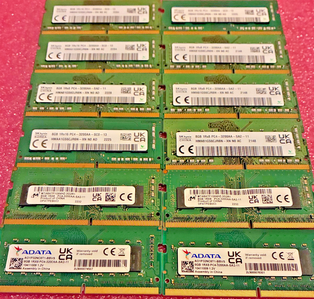 Lot Of 12 - 8GB 3200MHZ DDR4 SODIMM, Mixed; SK hynix(8), Micron(2), Adata(2)