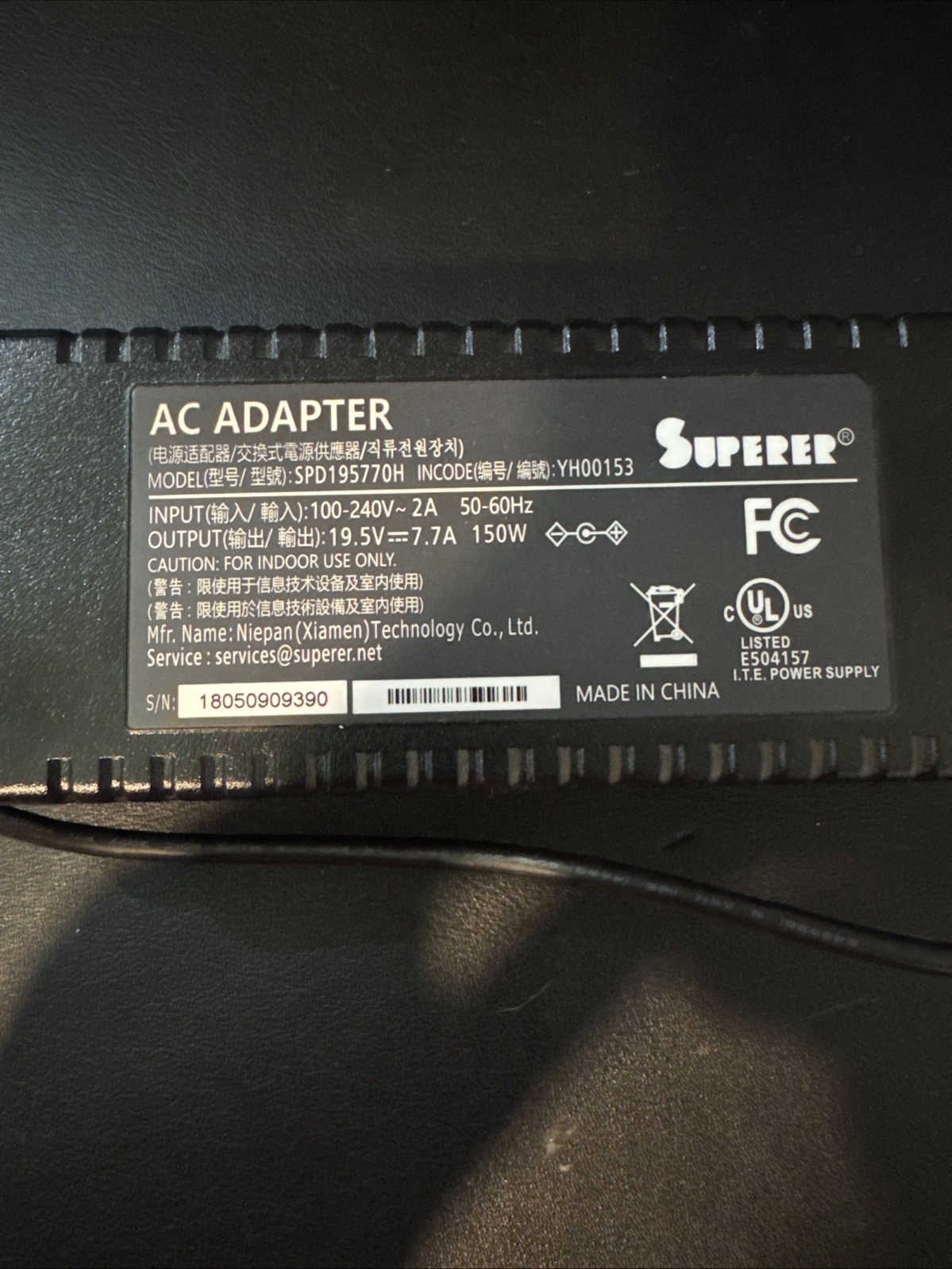 Superer SPD195770H Laptop Adapter / Charger ~ 19.5V   7.7A   150W