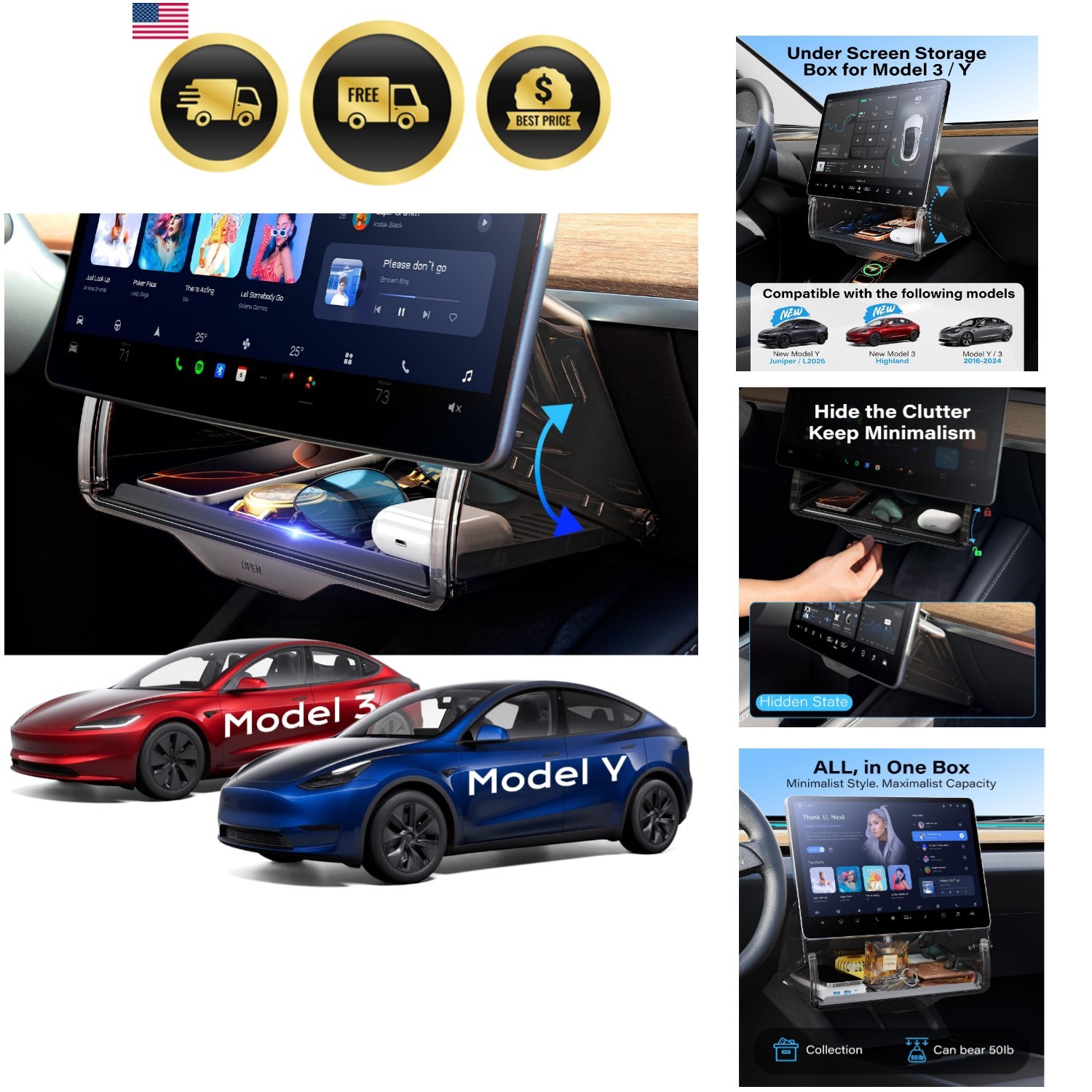 Under Screen Storage Box Fit Model Y Juniper Model 3 Highland, Magnetic Hidde...