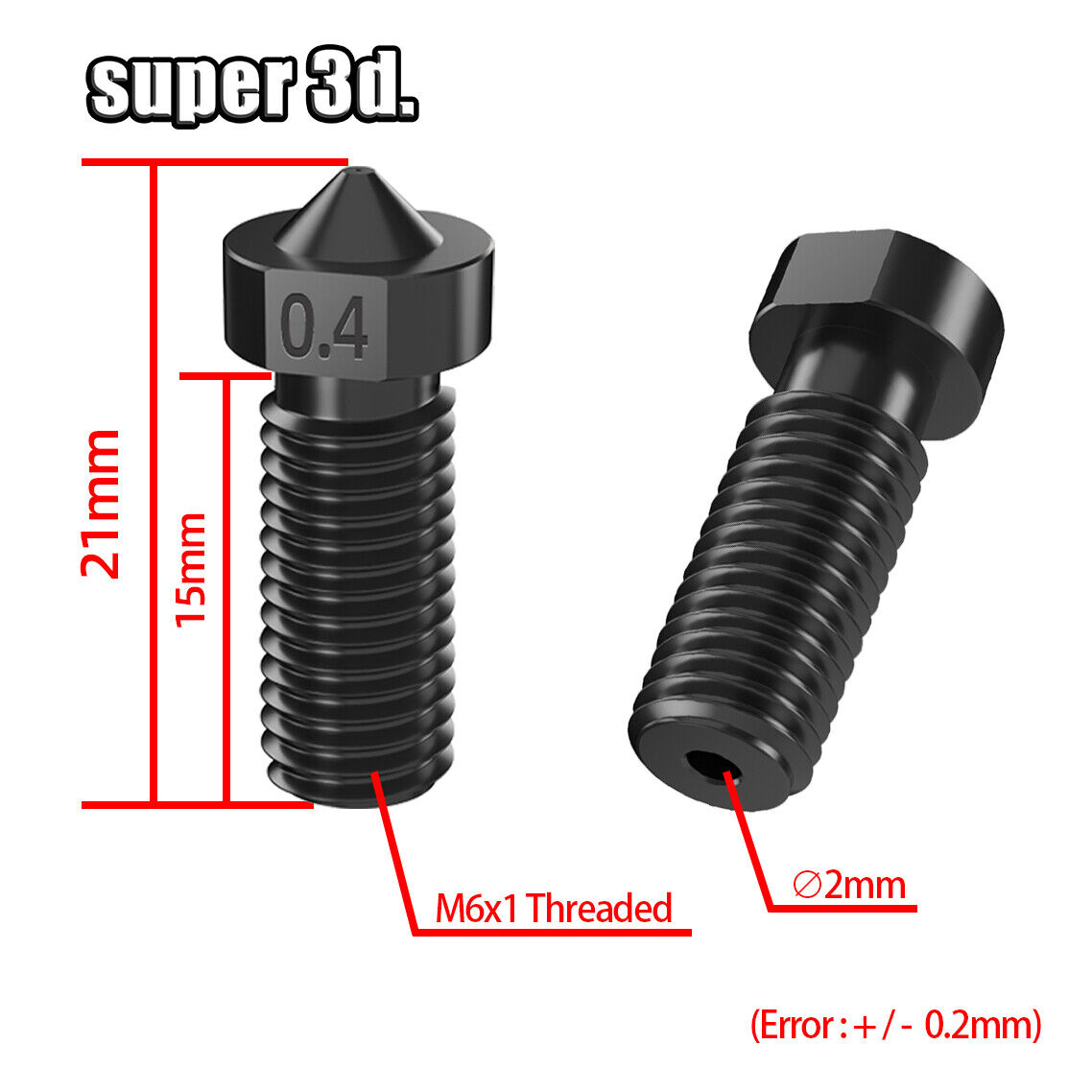 Hardened Steel Volcano Nozzle 0.4-1.75mm M6 For High Temperature 3D Print PEI 