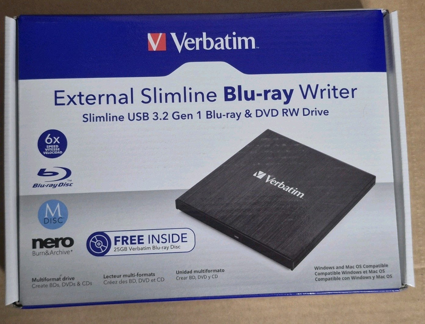 Verbatim 43890 External Slimline BLU-RAY Writer BR USB 3.2 DVD RW Drive New
