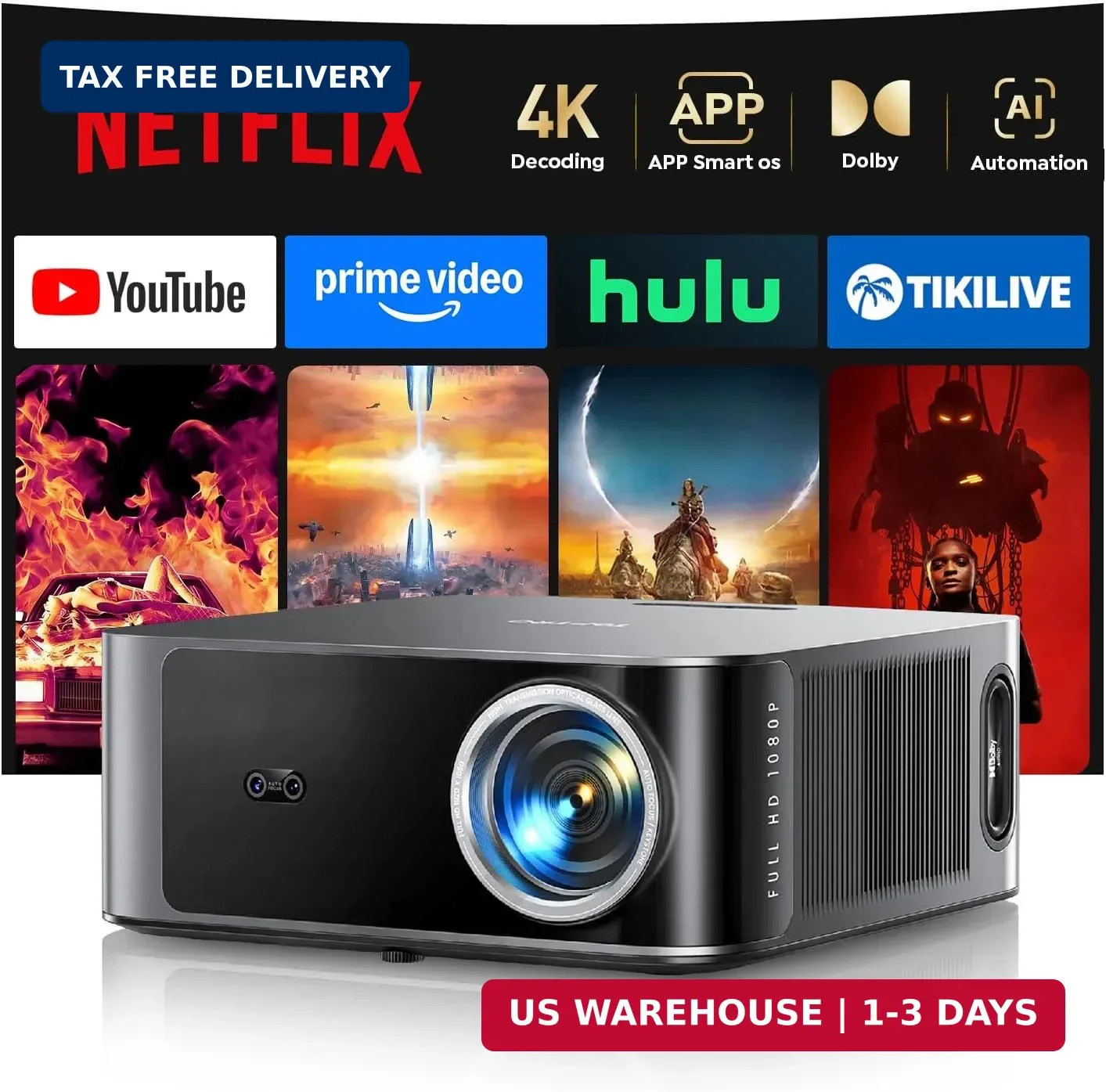 Smart-Projector-4K with WiFi6 and 2Way Bluetooth [4K Decoding/36W Dolby Audio/AP