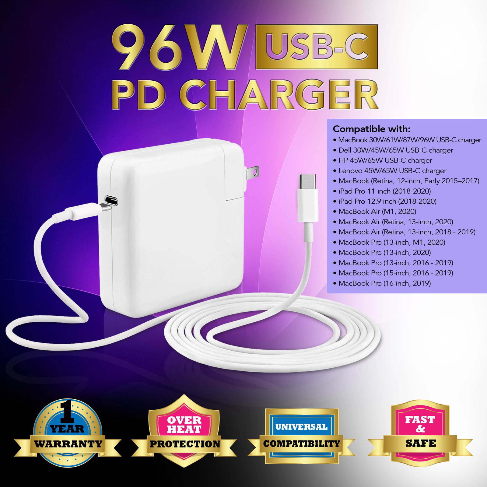 96W USB-C Power Adapter Type C Charger For MacBook Pro 16" +Cable A2141