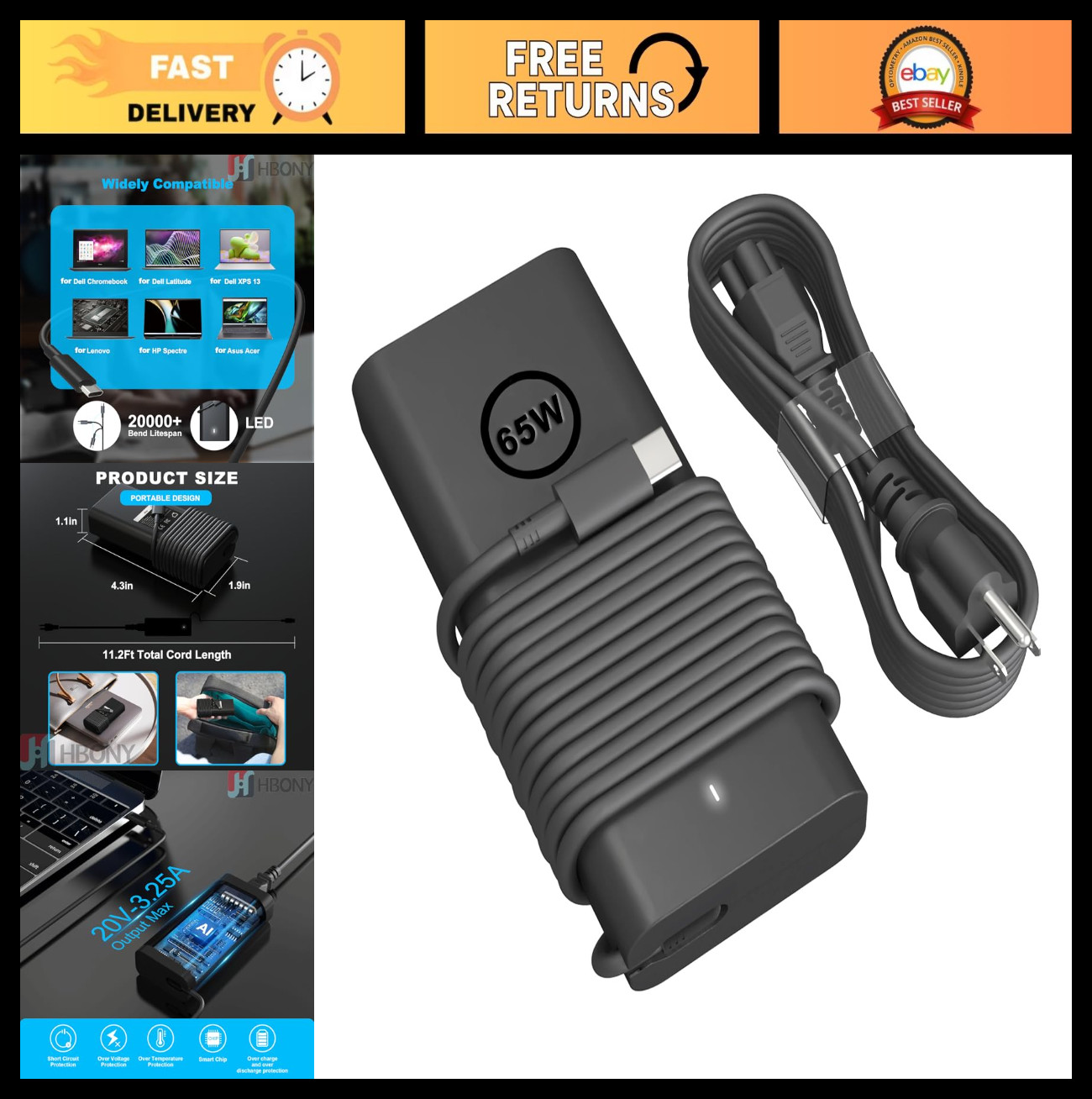 65W 60W USB-C Charger for Dell Latitude XPS 13 5540 5440 7430 5450 Power Adapter