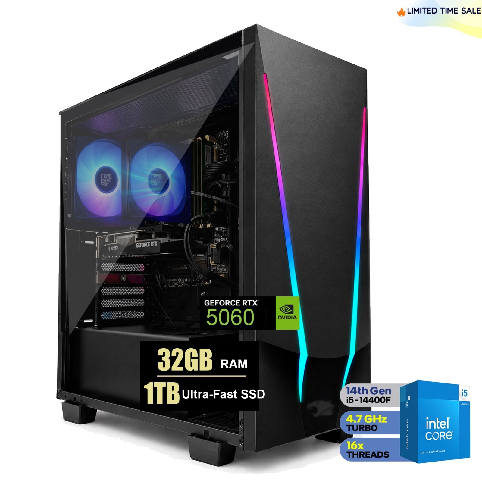 Gaming PC Desktop Up to i5-14400F 64GB RAM 2TB NVMe SSD NVIDIA GeForce RTX 5060