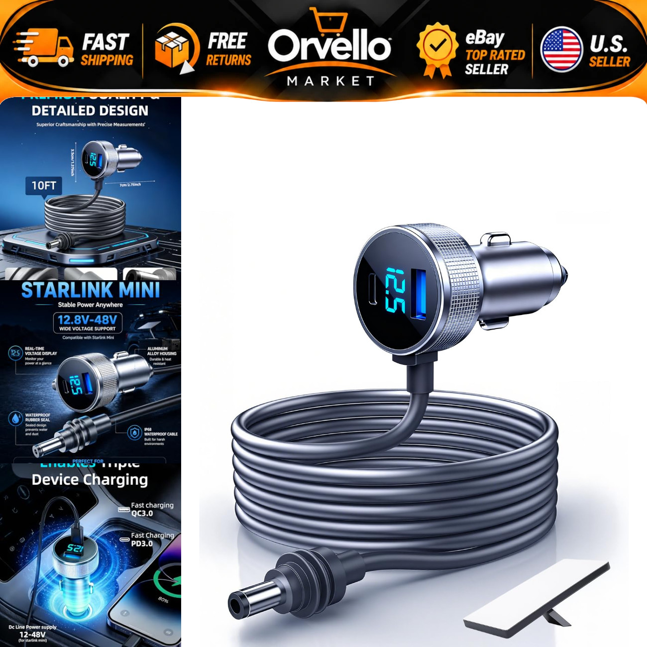 10FT Mini Car Adapter & Power Cable for Starlink - 12V-24V Compatible Accessory