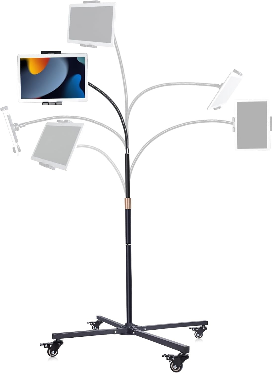 Adjustable Rolling Tablet Stand with Wheels - Heavy Duty Mobile iPad Holder f...
