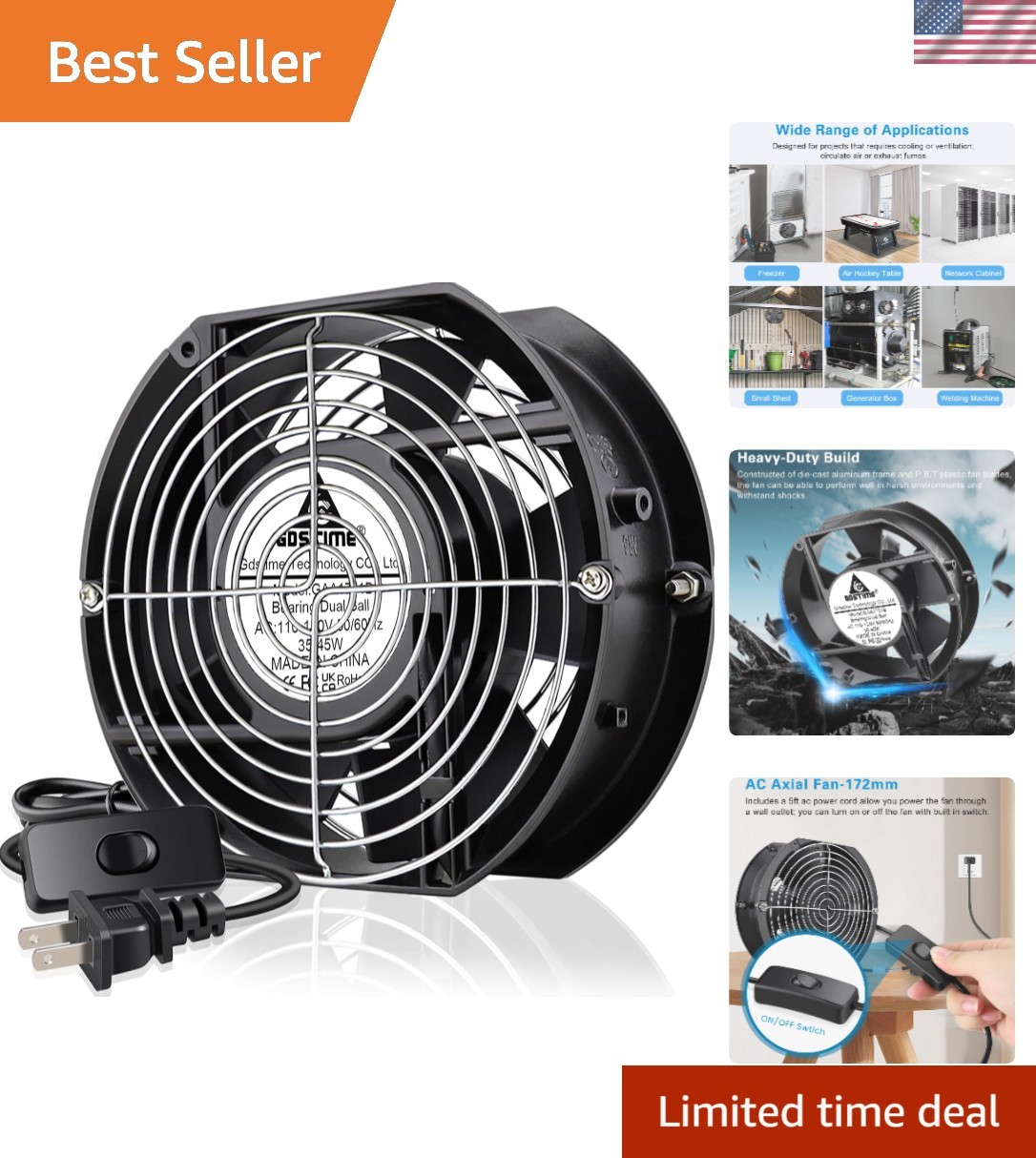 AXIAL 1751 Muffin Fan, 110V 120V AC 172mm x 150mm x 51mm Dual Ball