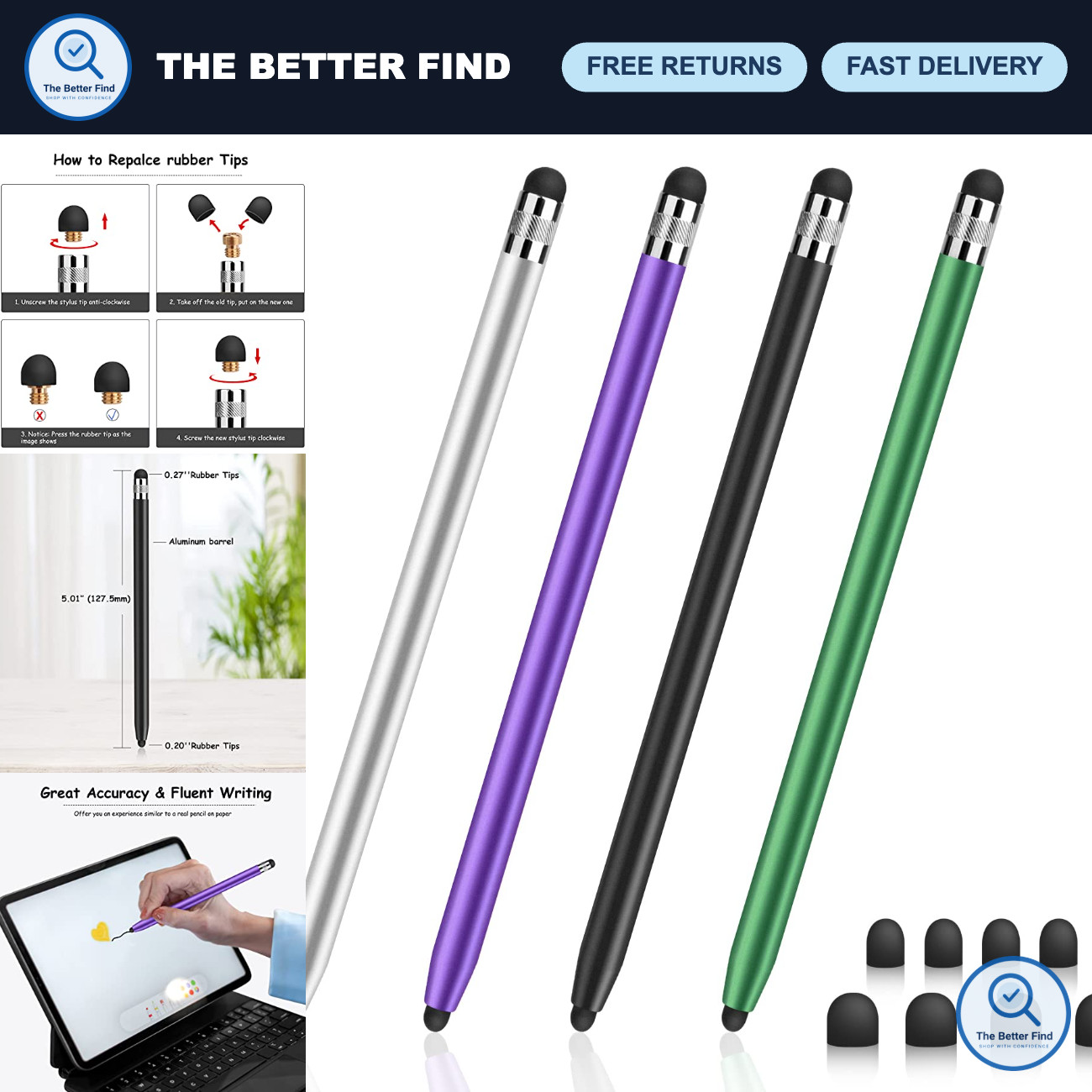 4 PCS Universal 2-in-1 Touchscreen Stylus Pen Set, Fine Point & Foam Tip