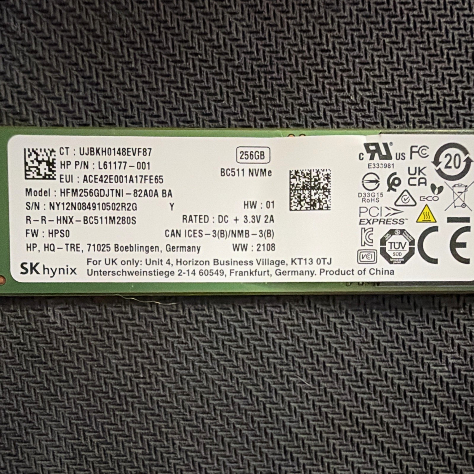 SK hynix BC511 NVMe 256GB M.2 PCIe Internal SSD HFM256GDJTLNI/L61177-001