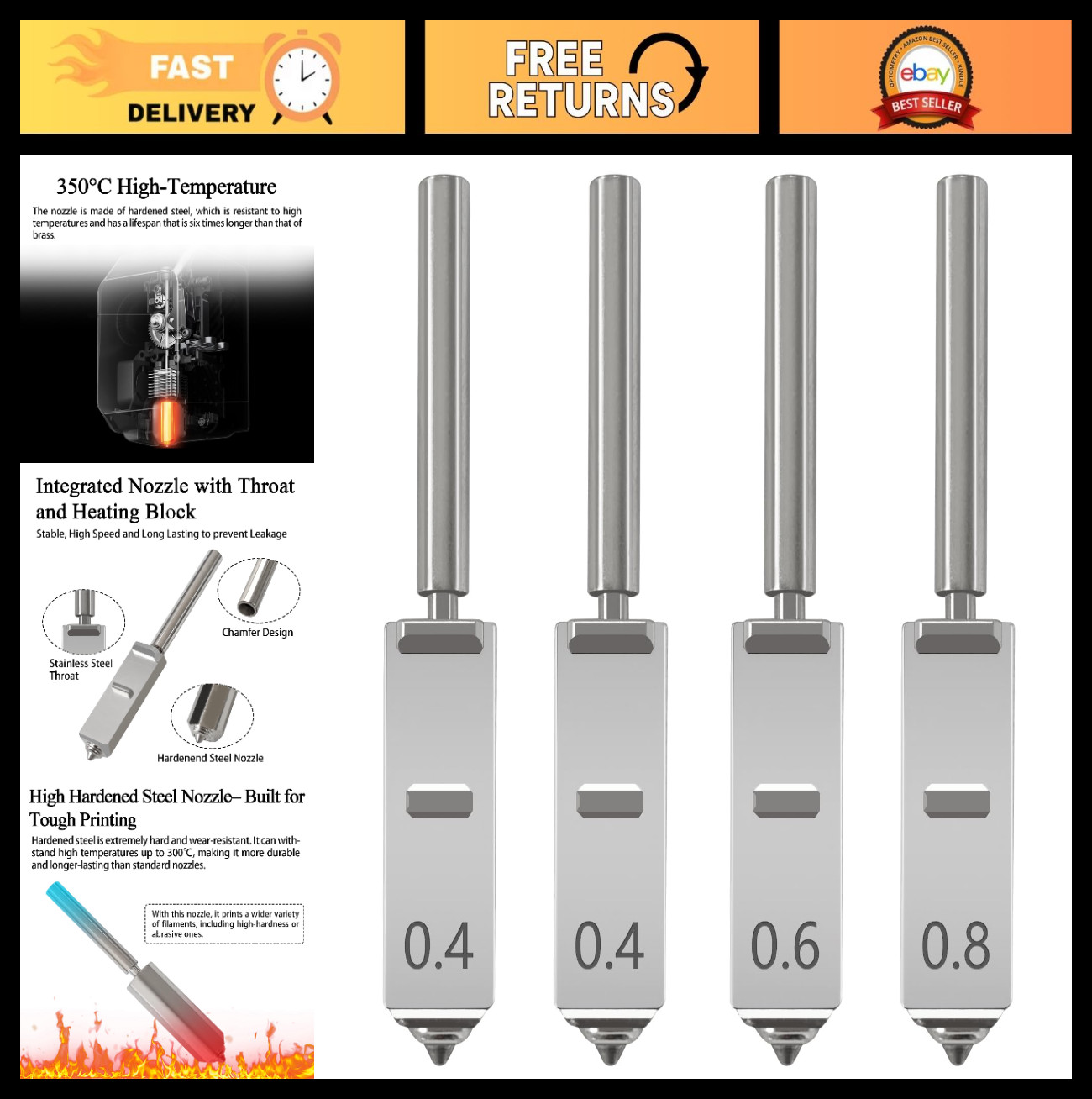4PK 0.4MM 0.6MM 0.8MM Hardened Steel Nozzles for 3D Printers - Quick-Swap High F