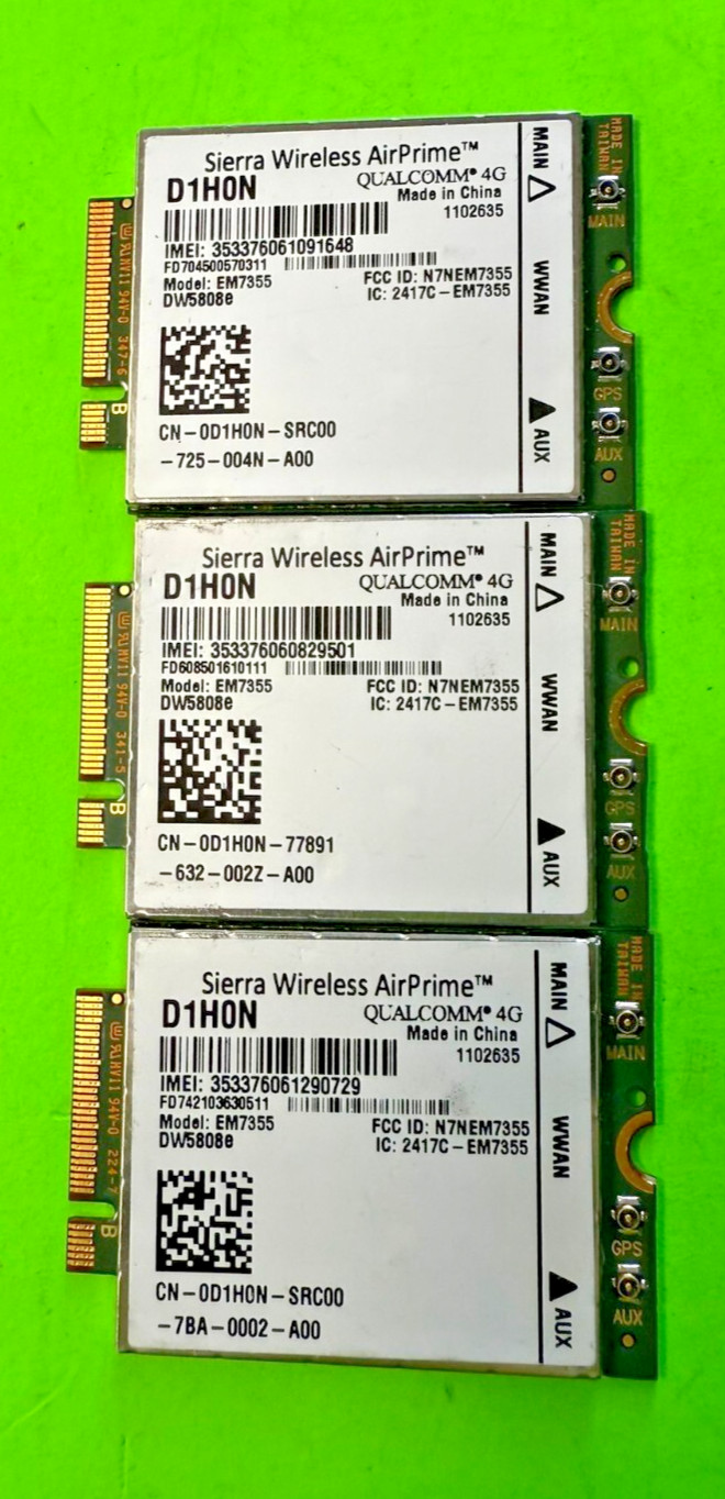 Lot of 3 0D1H0N Dell Sierra Wireless AirPrime Qualcomm 4G LTW EM7355 DW5808e