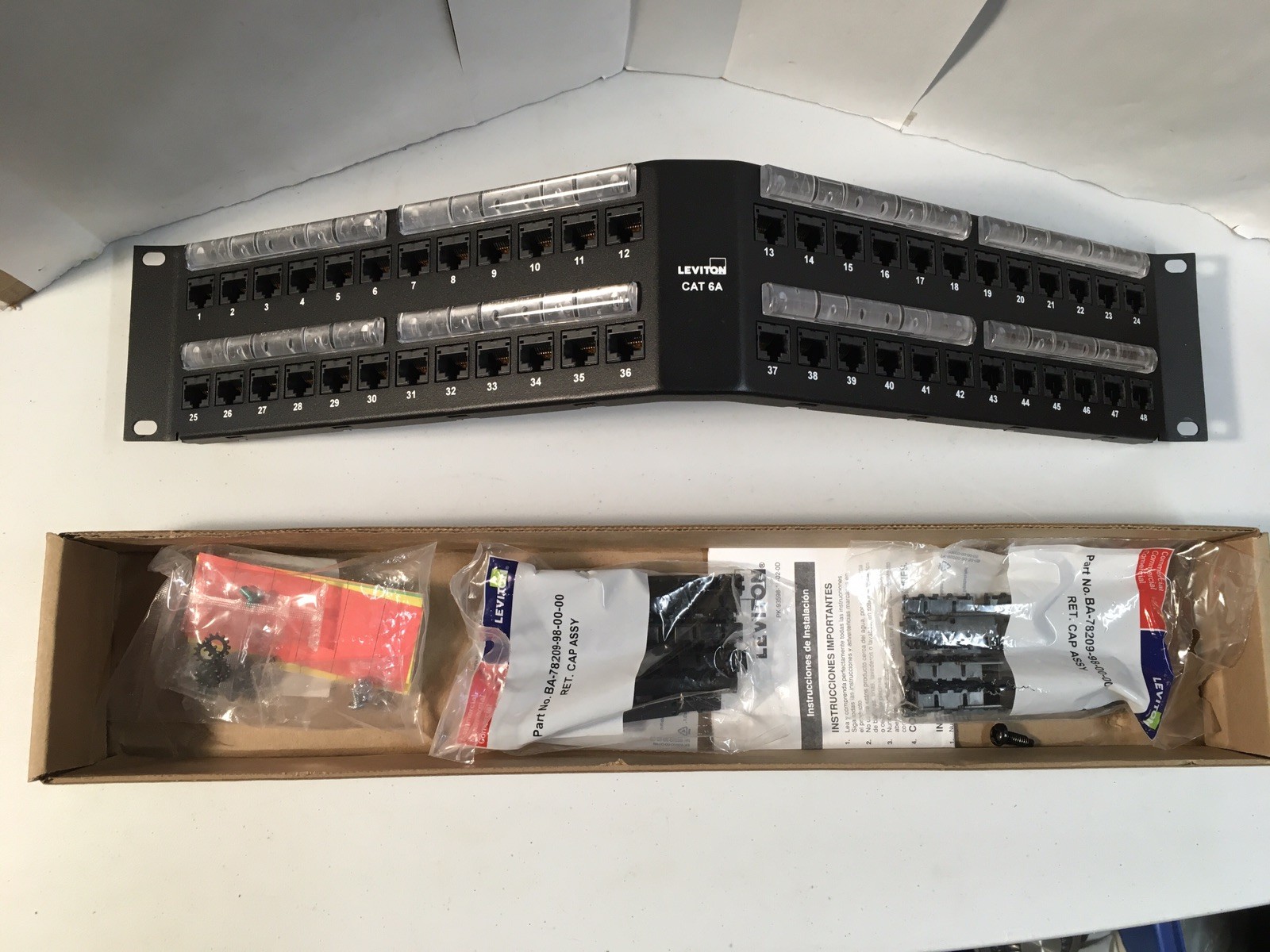 **Leviton 6A587-U48 48-Port 2RU Patch Panel Cat 6A UTP Angled 110-Style Black**