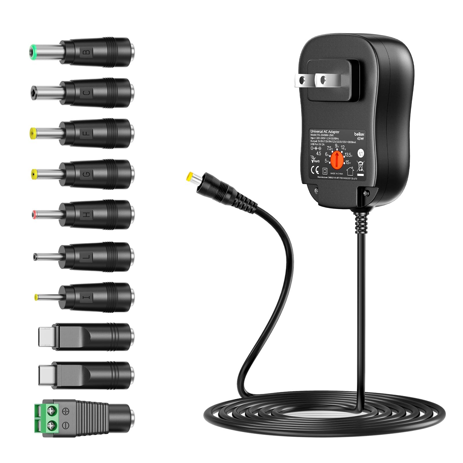 Belker 45W Universal 5V 6V 7.5V 9V 12V 13.5V 15V AC 45w 5-15v 3a w/USB