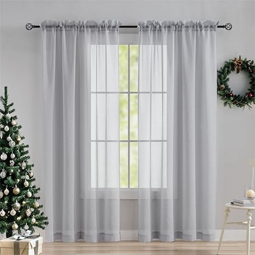  Sheer Curtains for Bedroom 72 inch Long Window 54"W x 72"L (Pack of 2) Grey