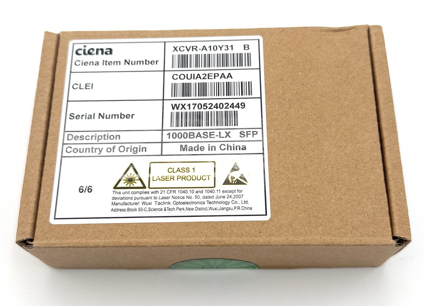 Ciena XCVR-A10Y31 COUIA2EPAA 1G, SM, 1310NM 10KM SFP Module Factory Sealed.