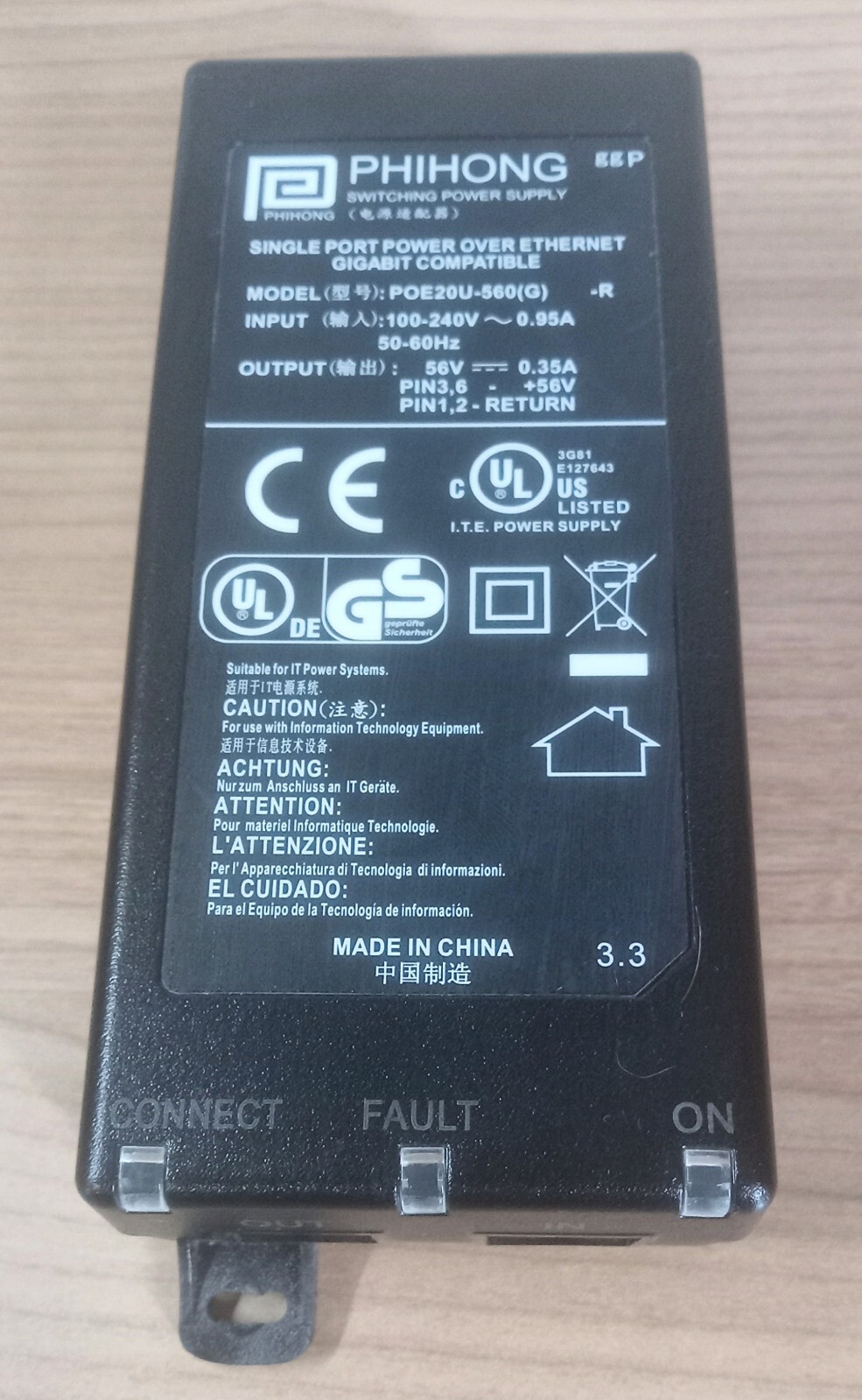 Original Phihong POE20U-560(G) Power Over Ethernet Injector