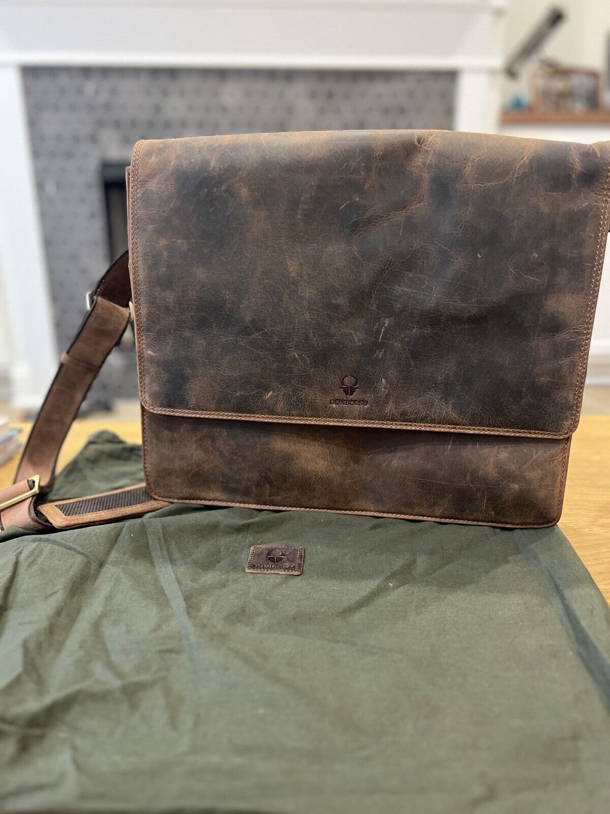 Donbolso Messenger Bag Laptop Vintage Brown Genuine Leather Flap Shoulder Strap