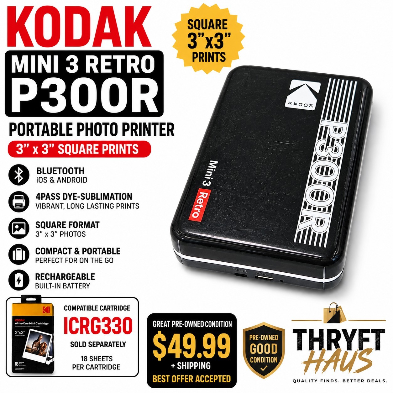 Kodak Mini 3 Retro P300R Portable 3x3 Photo Printer Bluetooth Black Tested