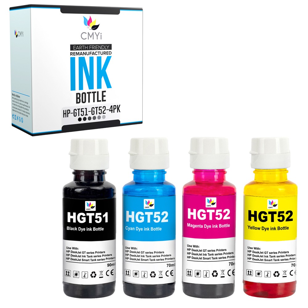 CMYi 4PK Compatible GT51 GT52 Ink Bottles Combo fits HP DeskJet GT 5810 GT 5811