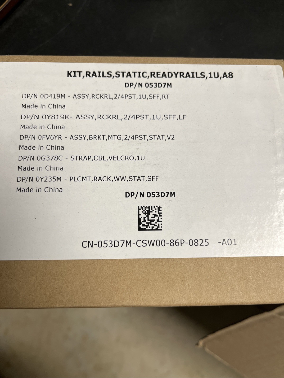 New Kit Rails Static Ready Rails DP/N 053D7M 1U, A8