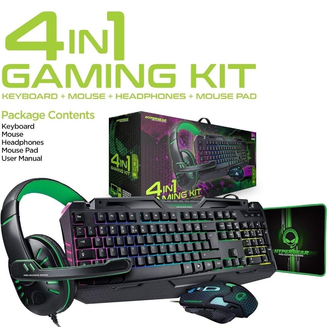 HyperGear 4-in-1 Gaming Kit Keyboard, Mouse, Headphones, Mouse Pad Durably Built
