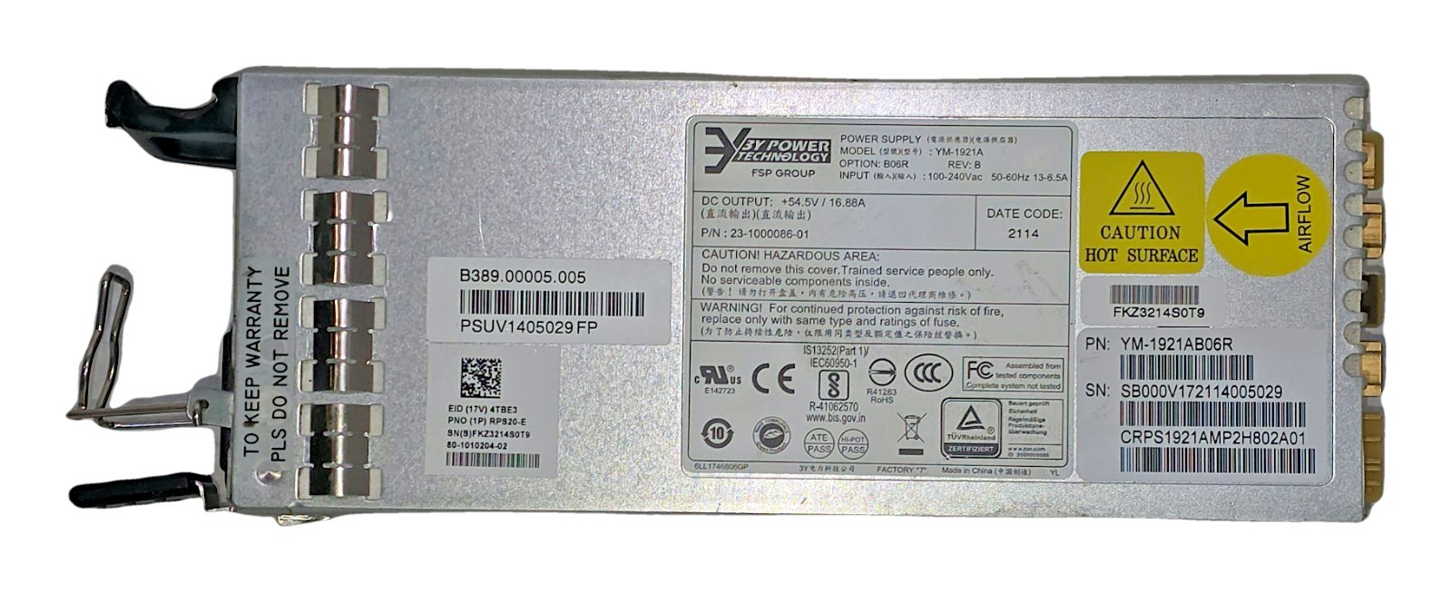 3Y Power YM-1921AB06R 920W 54.5V CRPS Power Supply Ruckus RPS20-E ICX7150-48ZP