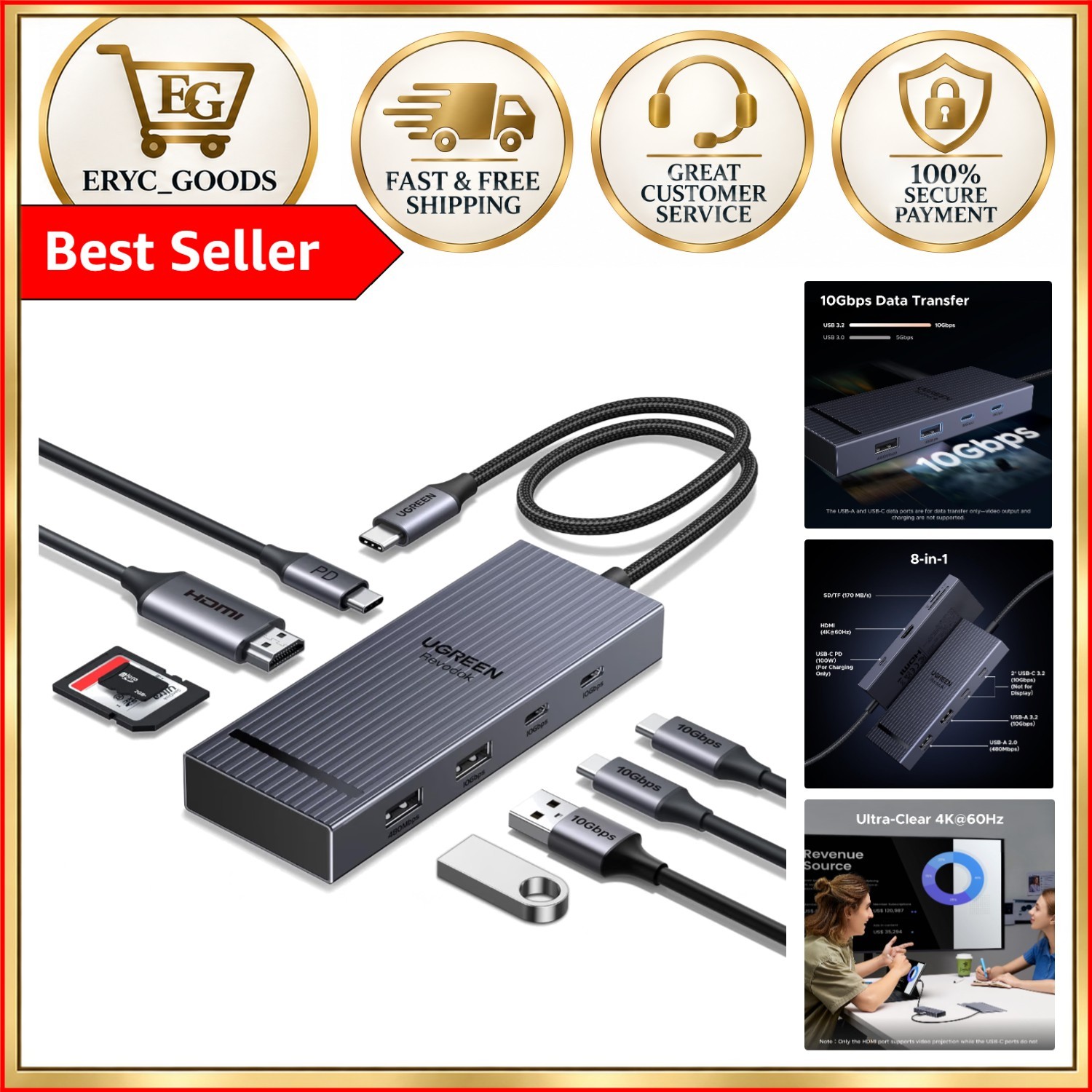 Compact 8-in-1 USB C Hub for MacBook: 4K@60Hz HDMI & 10Gbps Data Transfer