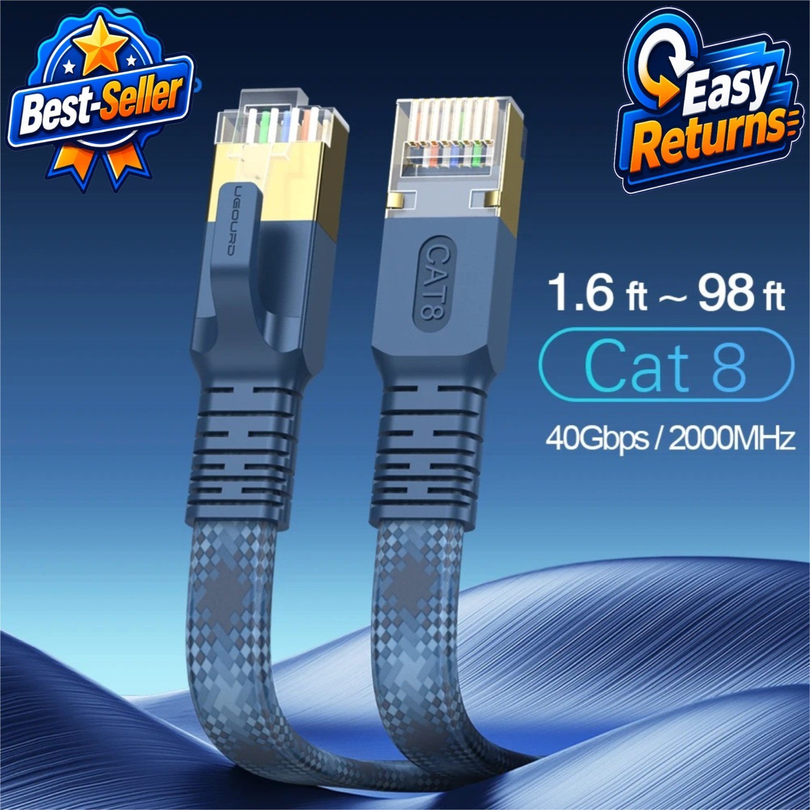 UGOURD Cat 8 Flat Ethernet Cable 40Gbps 2000MHz Braided RJ45 LAN Patch Cord