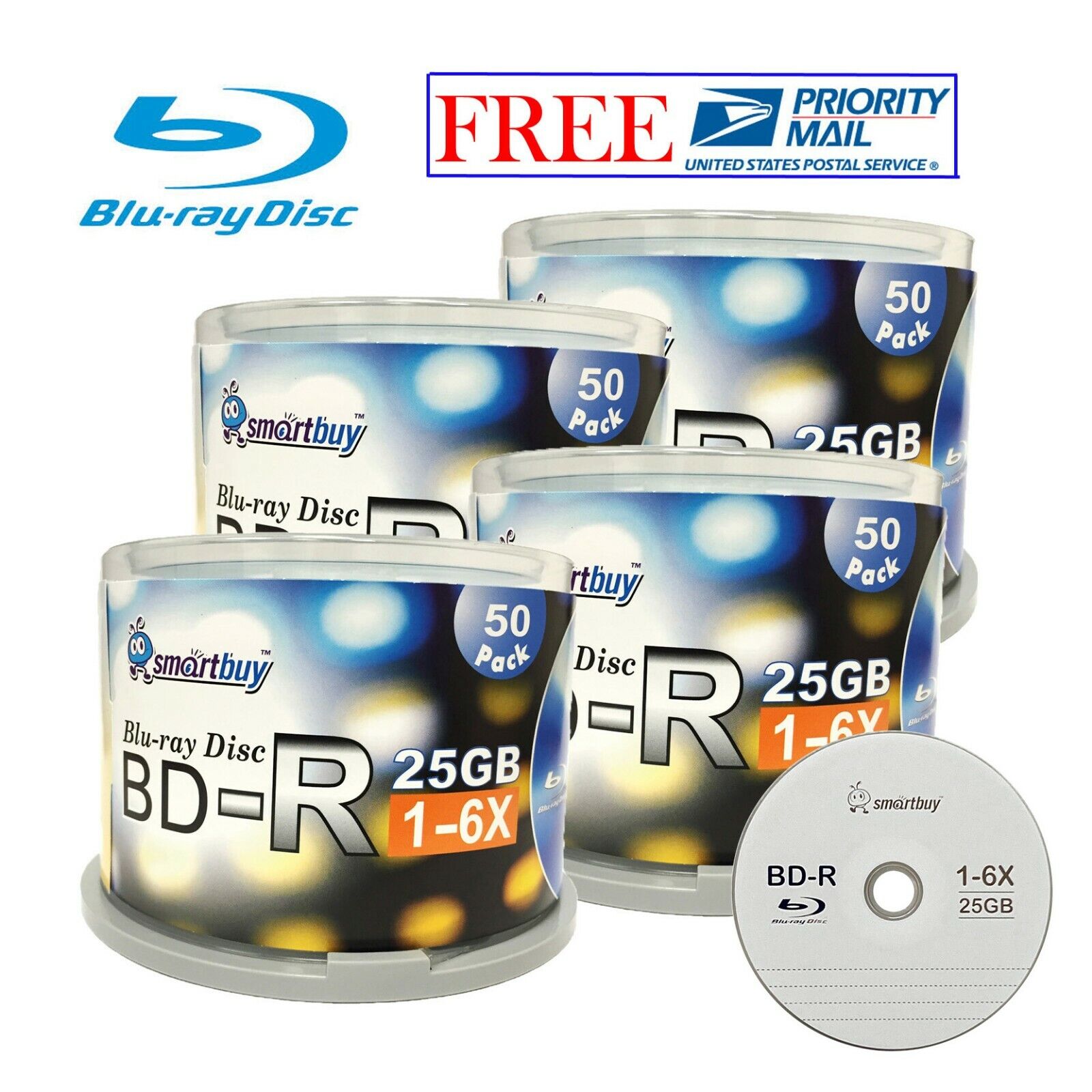 200 Pcs SmartBuy Blank BD-R BDR 6X 25GB Logo Top Blu-ray Recordable Media Disc