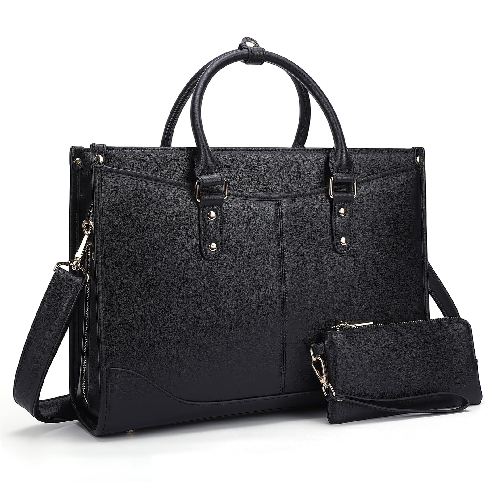 Masa Kawa Black Leather 15.6" Laptop Tote Bag for Women Office Work