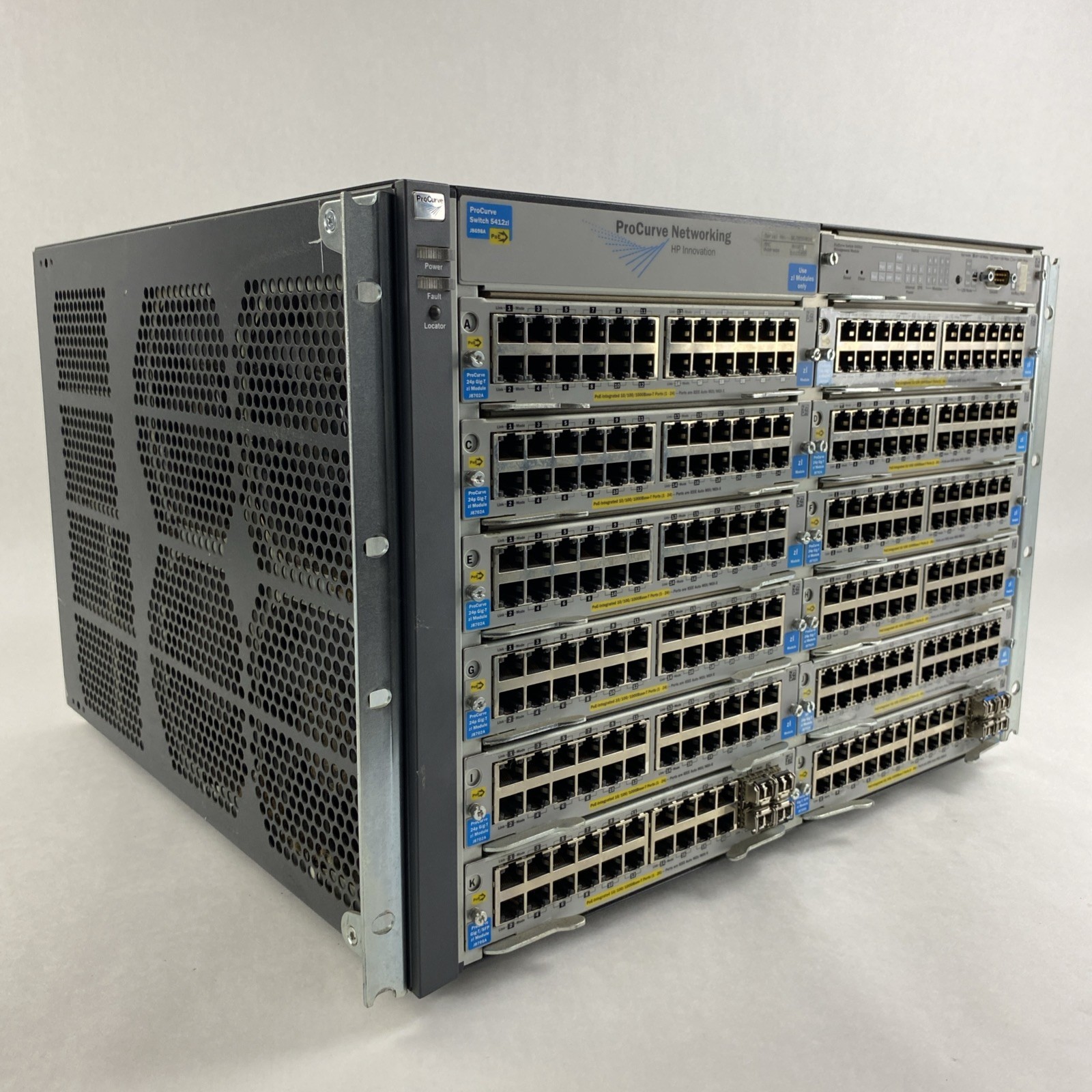 HP ProCurve J8698A 5412zl 10x J8702A 2x J8705A Gig PoE Switch 2x PSU - Tested