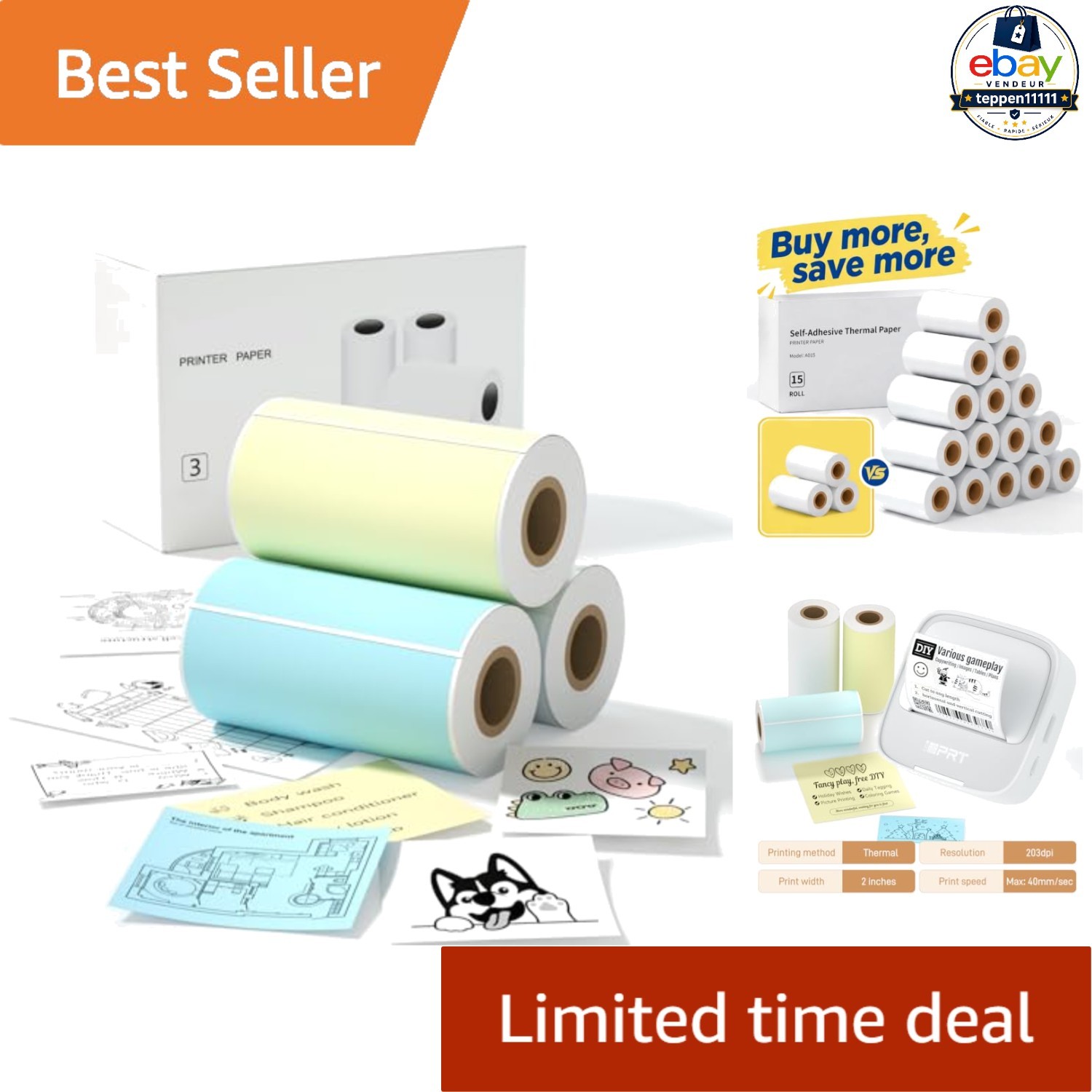 Self Adhesive Thermal Paper For S1 S2 M02 T02 3 Rolls 57x29mm Glossy Stickers