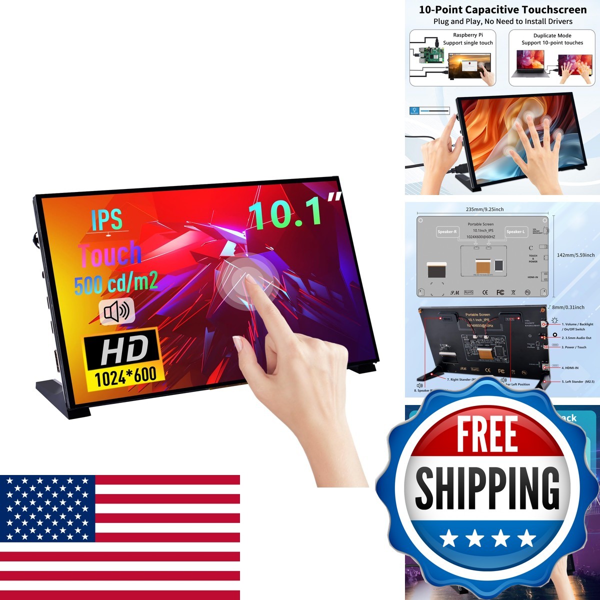 GeeekPi 10.1" IPS Touchscreen Display 1024x600 HDMI Monitor for Raspberry Pi