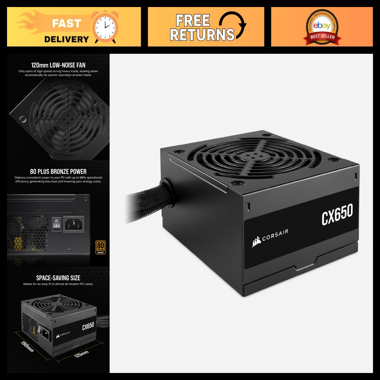 650W Power Supply Unit, ATX PSU, Compact Design, High Efficiency, Black