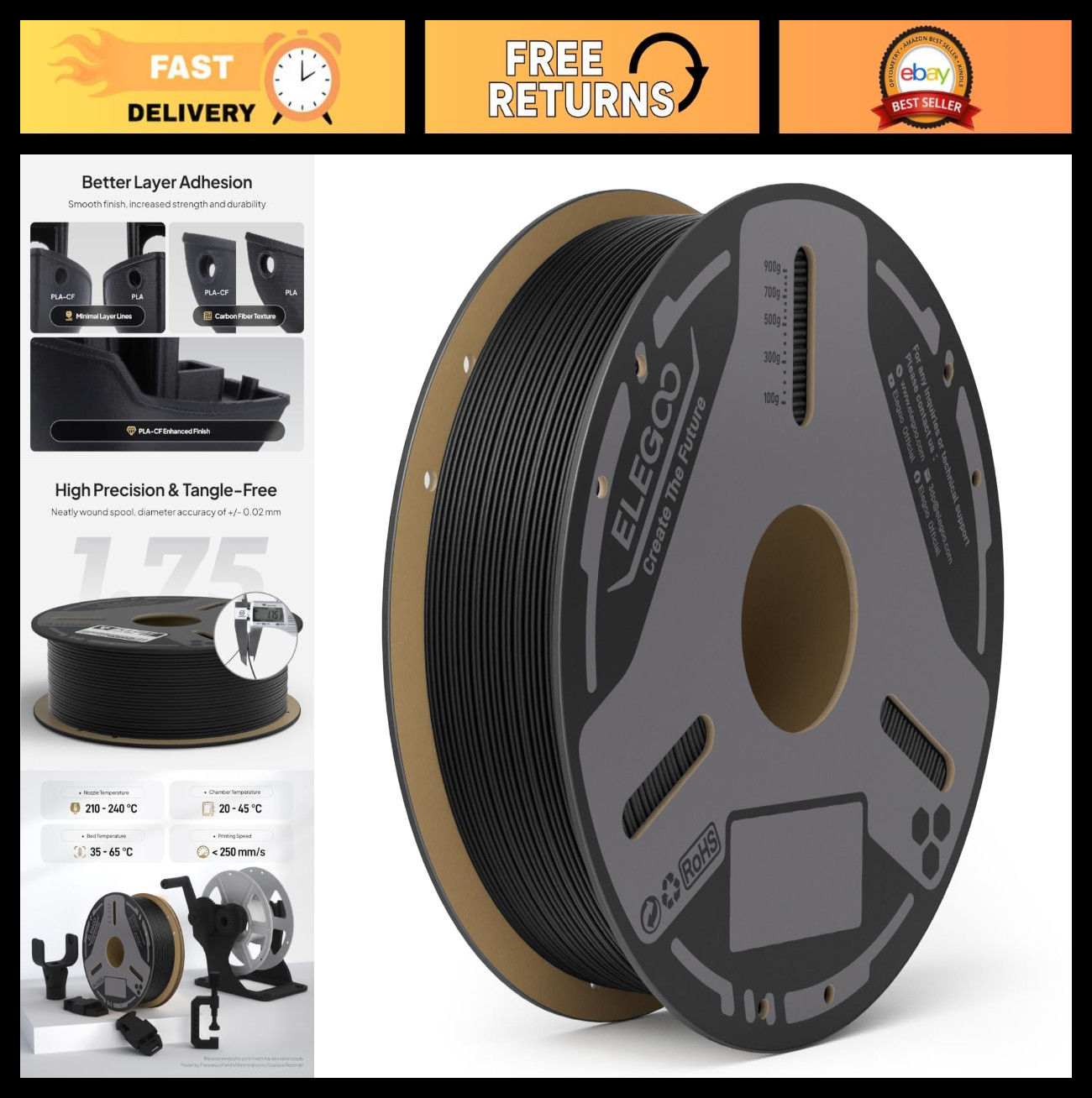 High-Quality 1.75mm Black PLA-CF 3D Printer Filament - 1KG for Strong Prints