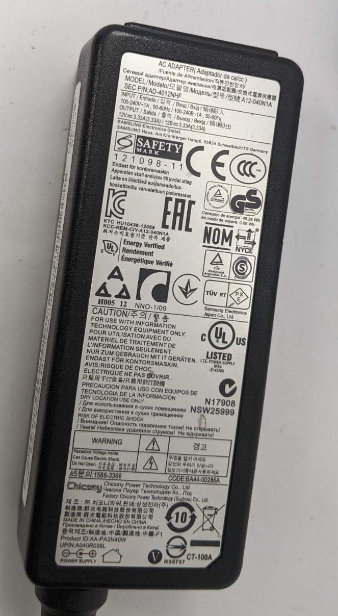 Chicony Samsung Laptop Charger AC Adapter power Supply A12-040N1A  AD-4012HF 40W