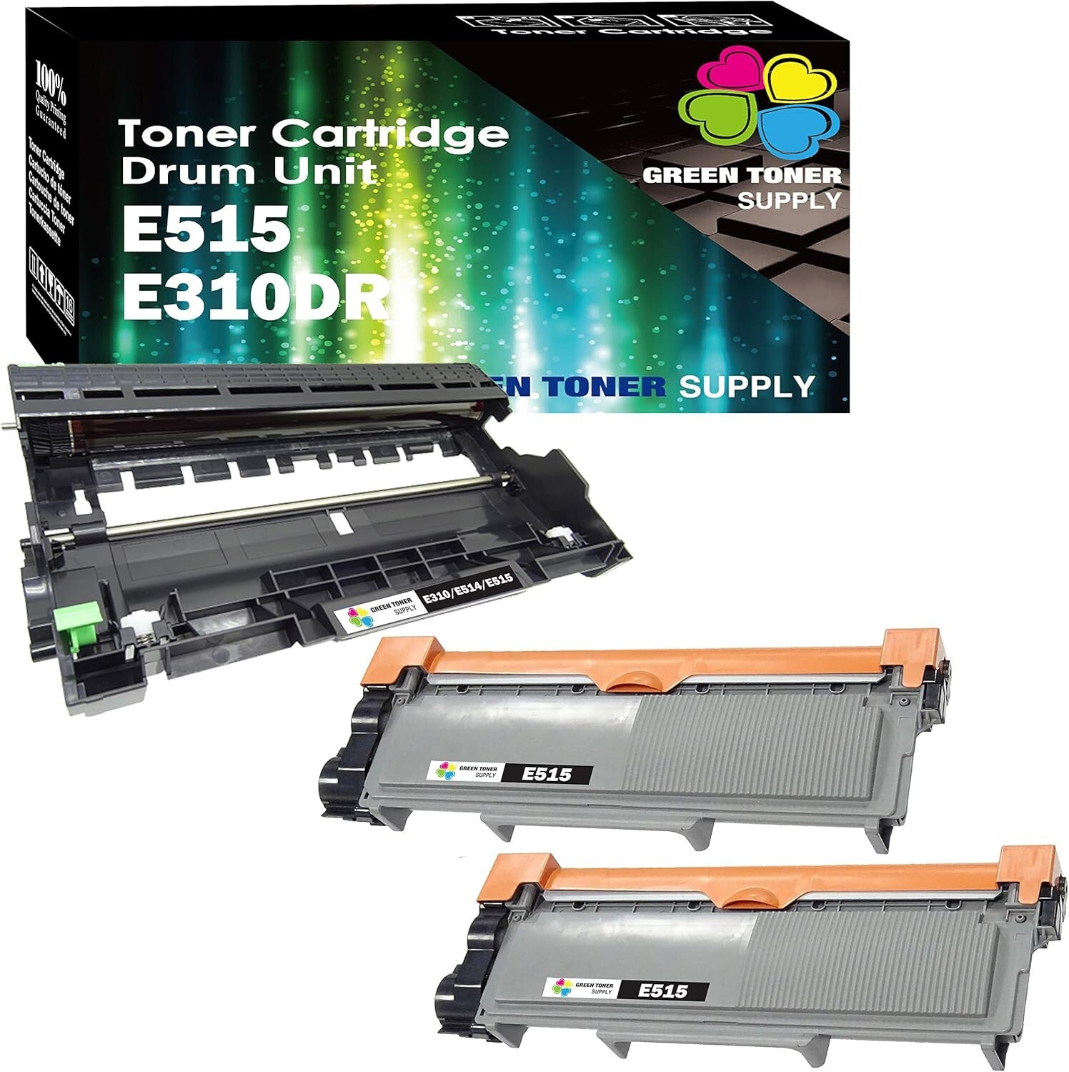 3 Pack Green Toner Supply Compatible Toner | Drum, 2-Pack E515 Toner and 1 Pack
