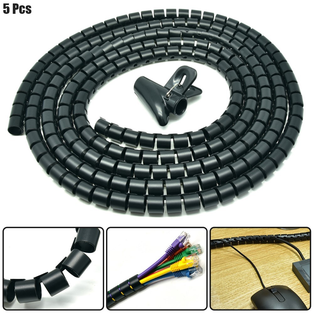 5x 1.5m 30mm Black Spiral Wrapping Bands Cable Tidy Management Organizer Tube