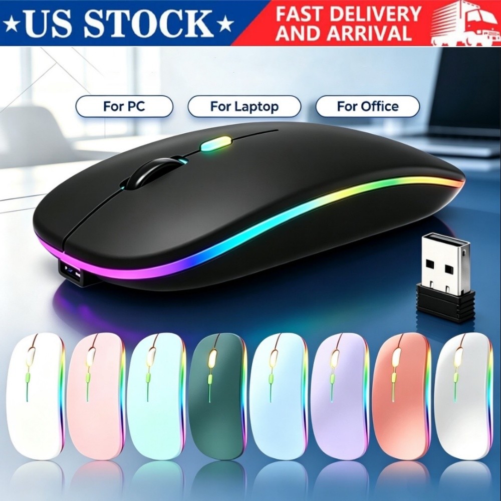 2.4GHz Wireless Optical Mouse USB Rechargeable RGB Cordless Mice For PC Laptop