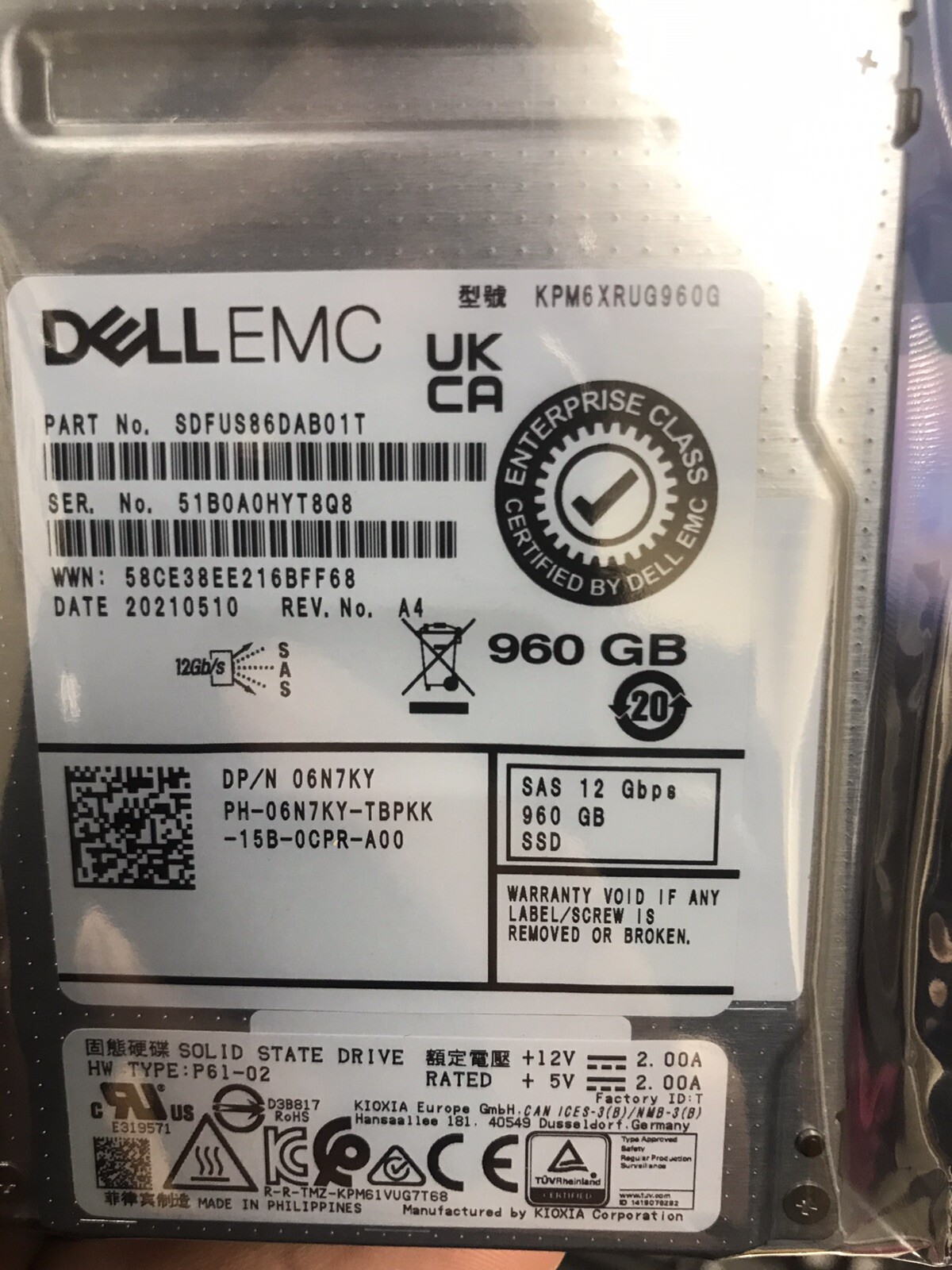 6N7KY Dell 960GB SAS 12Gbps Read Intensive TLC 2.5'' SSD 06N7KY KPM6XRUG960G