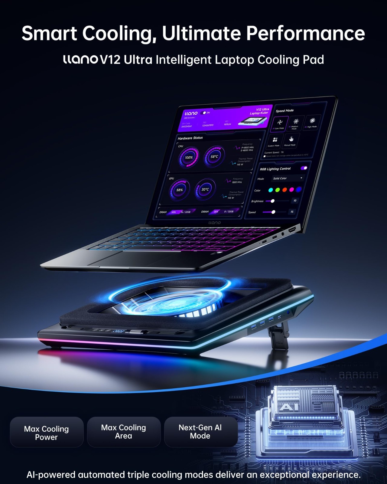 llano V16 Laptop Cooling Pad 5.5in Turbo Fan RGB 3-Port USB Hub 15.6-19in Black