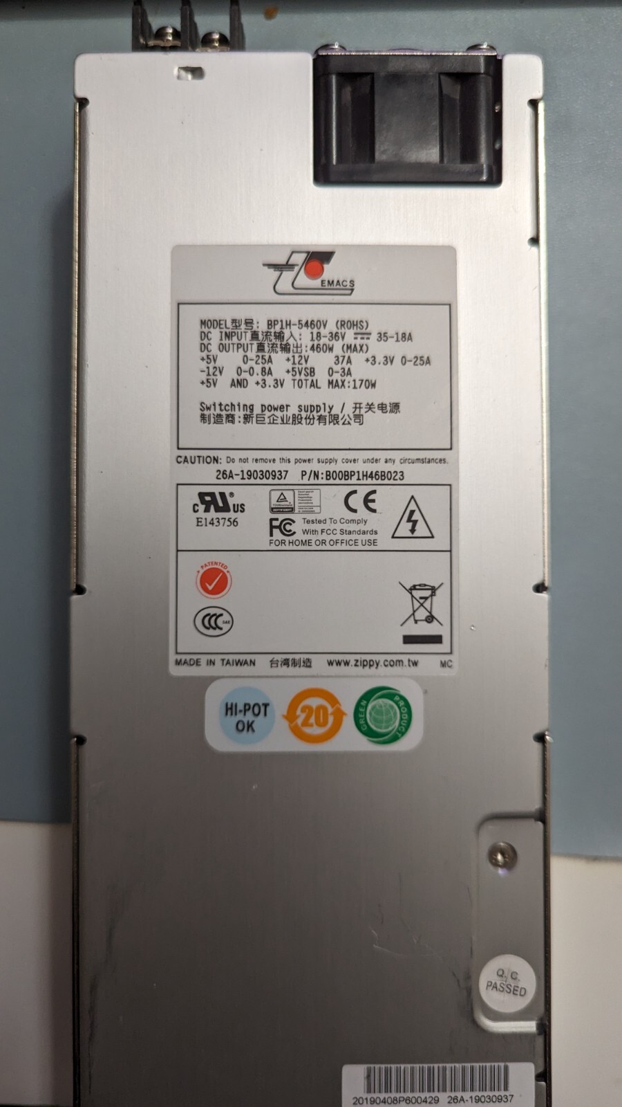 EMACS ZIPPY BP1H-5460V ROHS POWER SUPPLY 460W 1U DC+24V Input ATX Industrial