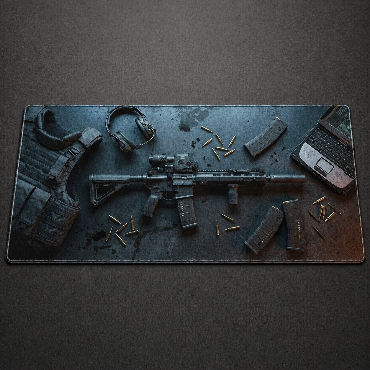 Tactical Gear Flat Lay Gaming Mouse Pad Extended Desk Mat 36x18 Rifle Non-Slip