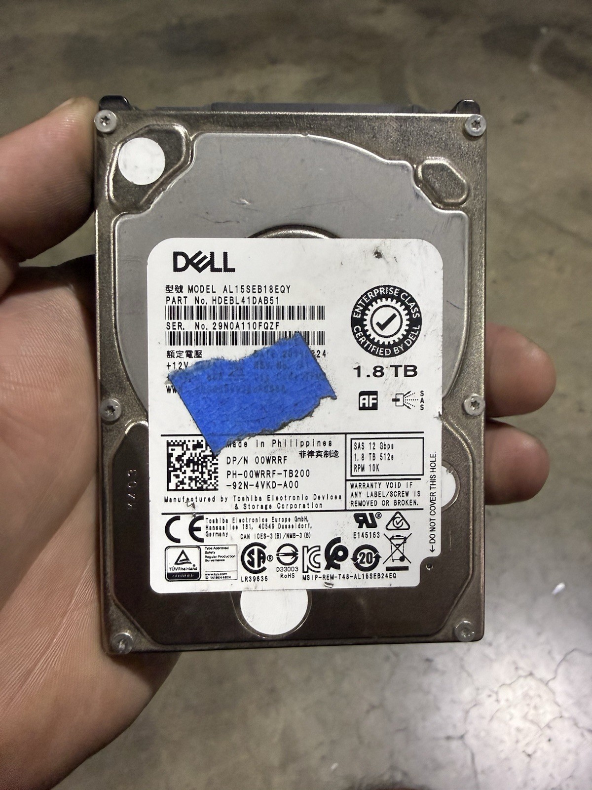 0WRRF Dell 1.8TB 12Gb/s SAS  2.5" SFF Hot Swap 10K RPM 512e Hard Drive 00WRRF
