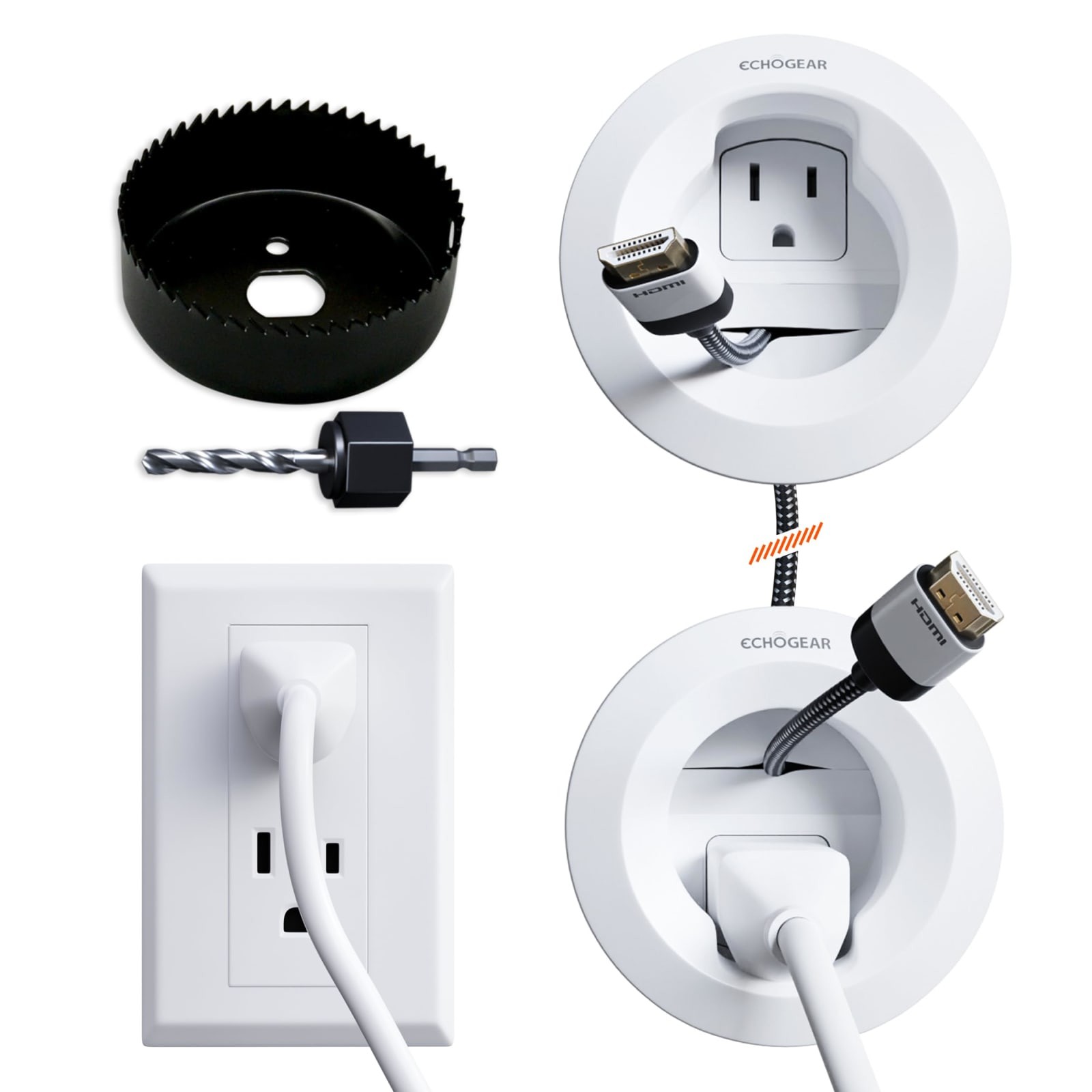 ECHOGEAR In-Wall Cable Management Kit, 3.75" Diameter, 3.25" Depth, 6ft Cord