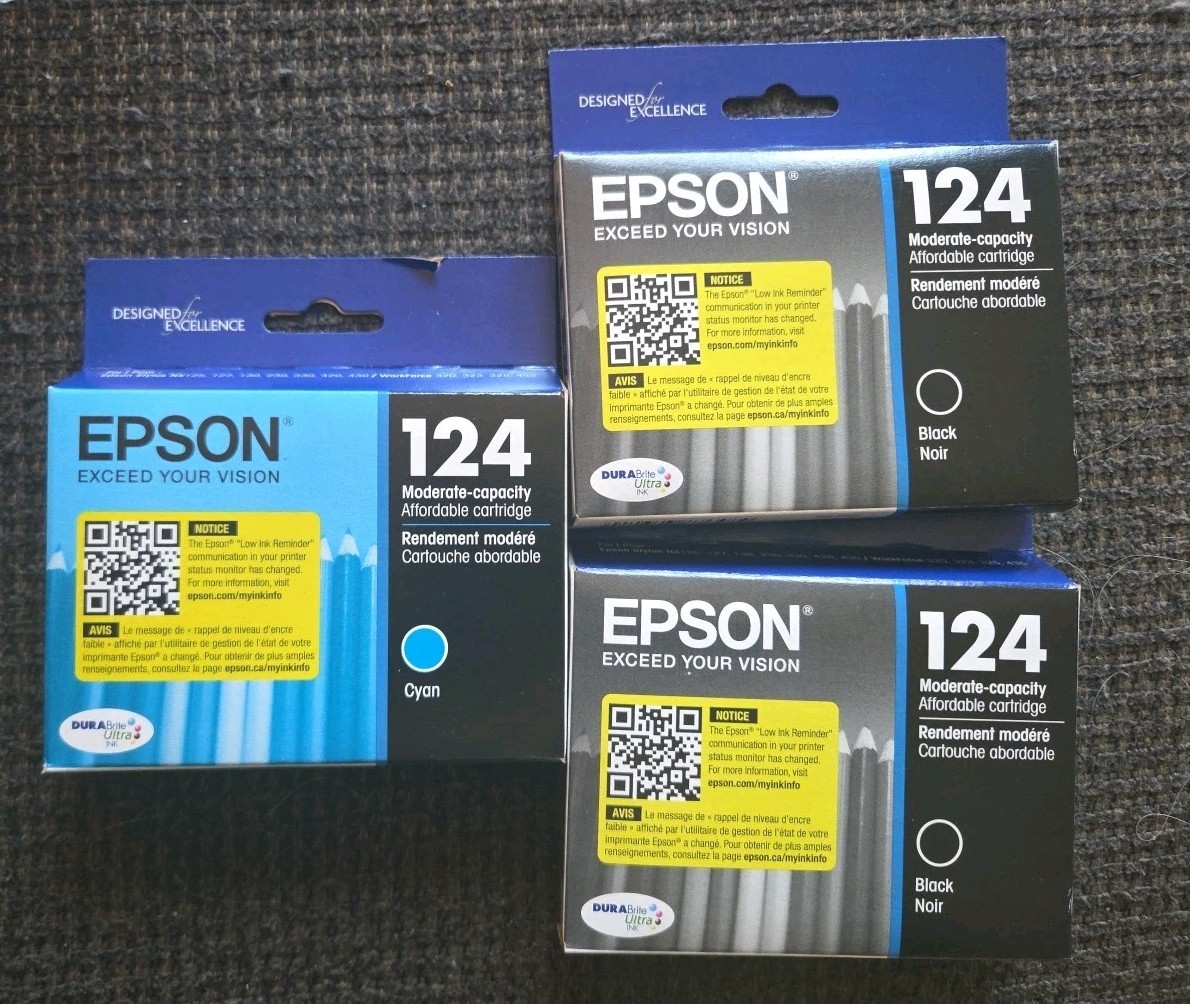 Epson 124 (T124120-S) Black Ink X2 Cyan X1, New Lot Of 3